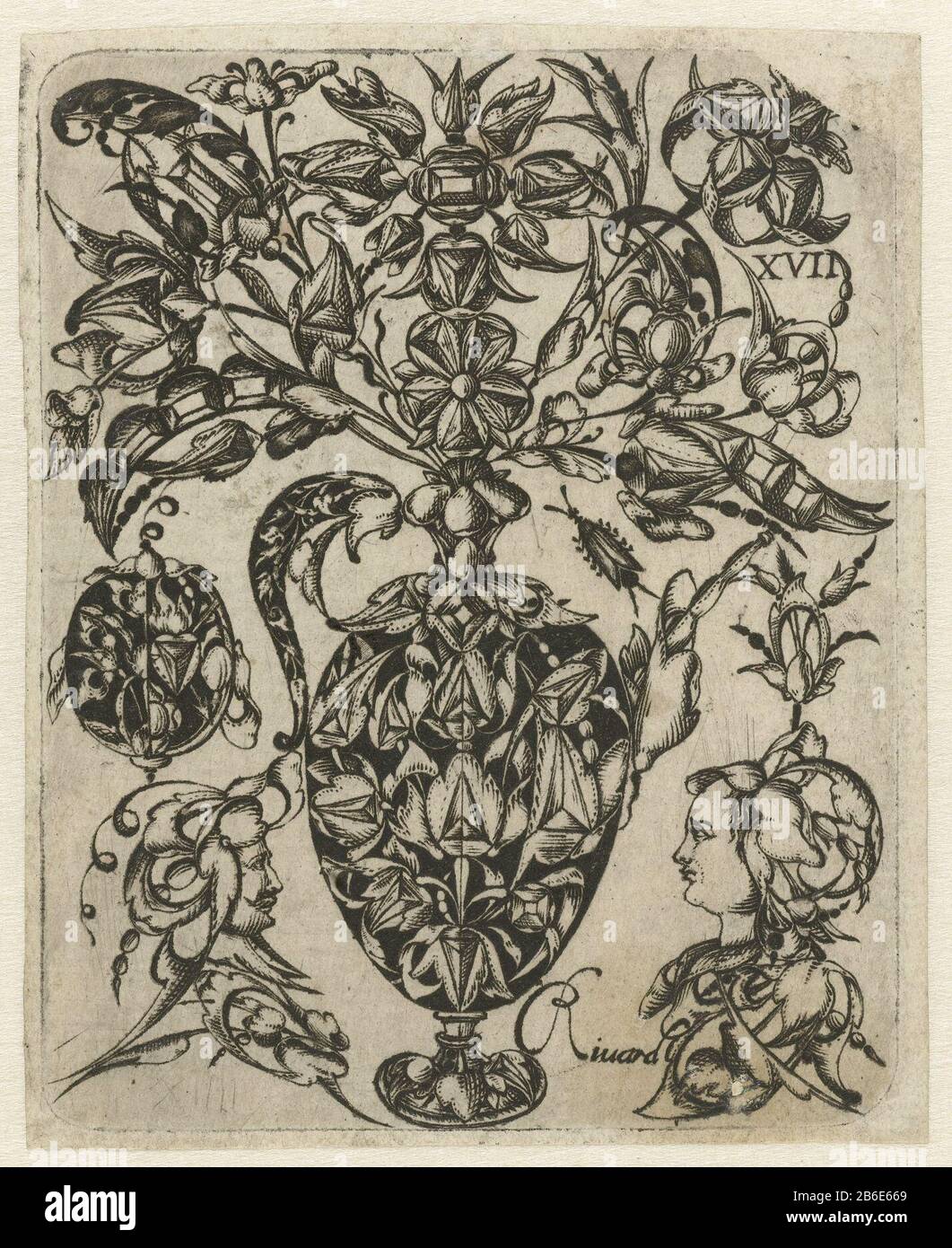 Ornament flower vase and with human heads Flower Ornament with vase and  human head object type: print ornament picture Serial Number:  XVIIObjectnummer: RP-P-2007-423 Manufacturer : printmaker Claude Rivard  (listed property) Date: ca.