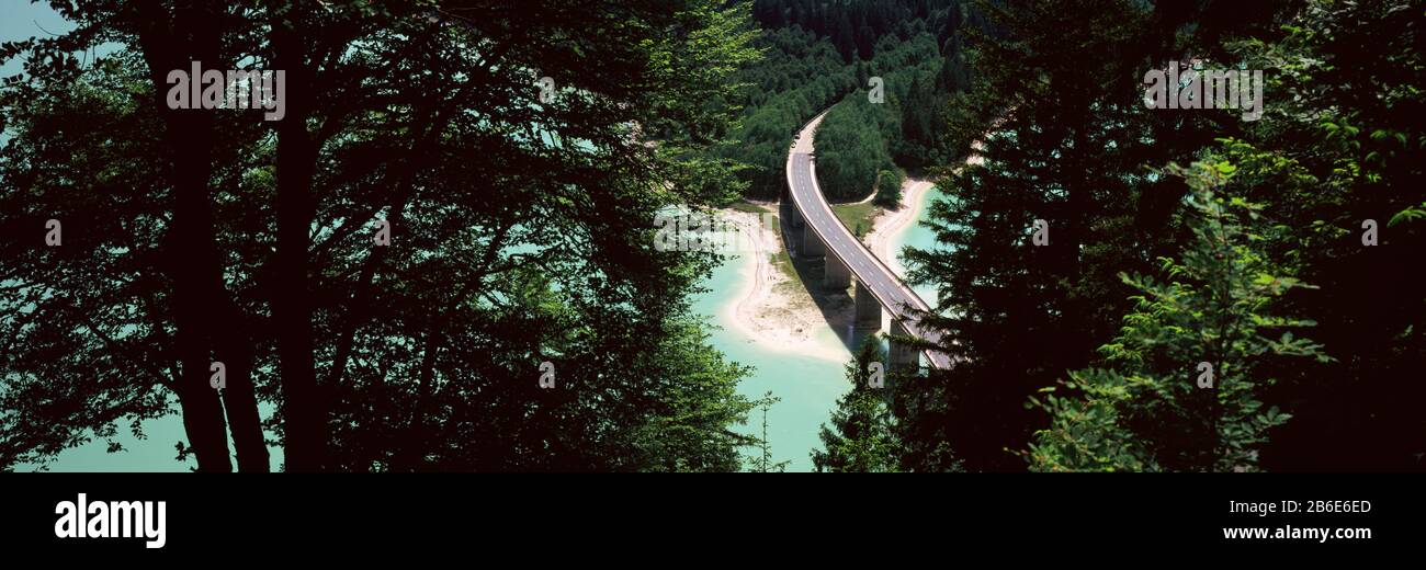 High angle view of a bridge across a lake, Sylvenstein Lake, Bavaria, Germany Stock Photo