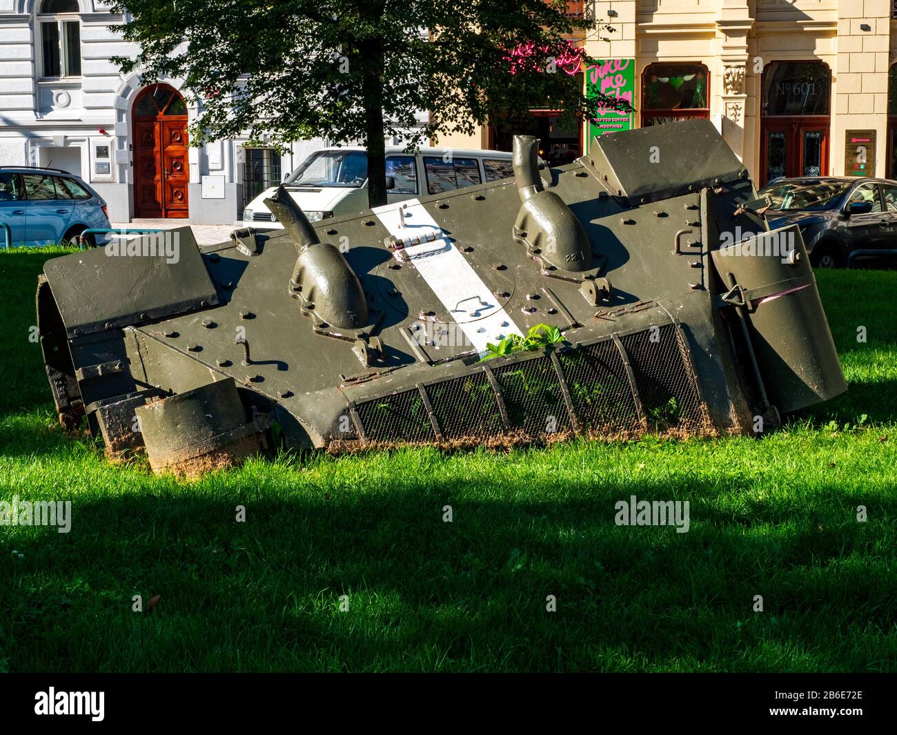 Tank Sculpture by David Cerny marking the 50th anniversary of the crushing of the prague spring. Kinsky Square, Prague, Czech Republic Stock Photo