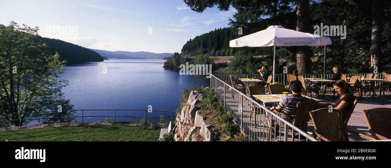 Tourists at a cafe, Schluchsee Lake, Northern Black Forest Region, Baden-Wurttemberg, Germany Stock Photo
