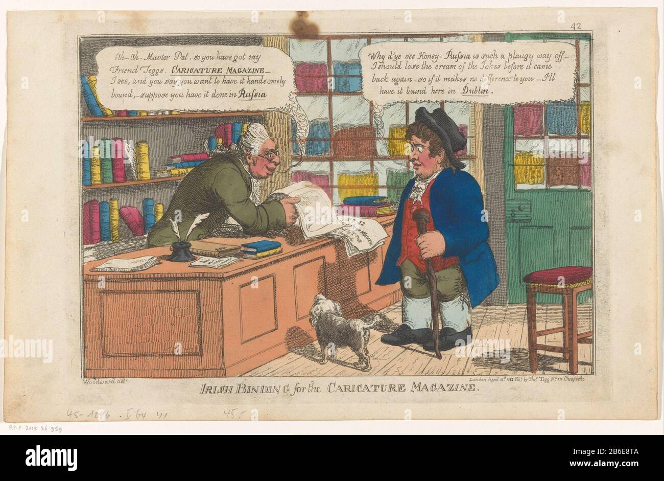 Bookseller talking to a customer for the Irish Binding Caricature Magazine (title object) on the counter of a bookstore records are from 'the Caricature Magazine. The bookseller is talking to a customer who wants this binding offer. Upper right numbered 42. Manufacturer : printmaker Charles Williams to drawing: George Moutard Woodward (listed building) Publisher: Thomas Tegg (listed property) Place manufacture: London Date: May 1812 Physical features: etching, hand-colored material: paper Technique : etching / hand color dimensions: plate edge: h 246 mm × W 348 mmToelichtingDe customer does no Stock Photo