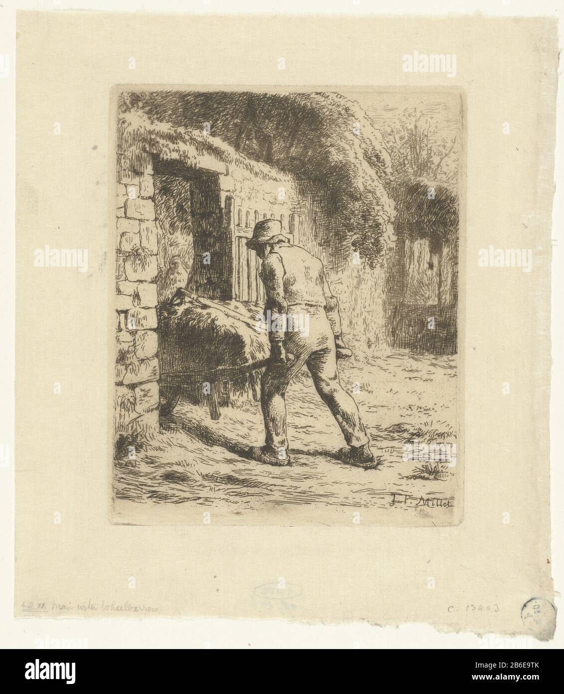 Farmer walks with wheelbarrow on barnyard Le paysan rentrant du fumier Farmer walking with wheelbarrow on boerenerfLe paysan rentrant du fumier Object Type : picture Item number: RP-P-1949-106Catalogusreferentie: Delteil 11-3 (4) Marking / Brands: collector's mark, reverse bottom center, stamped: Lugt 2228stempel , verso left, stamped: round stamp with letters and numbers, unintelligible manufacture manufacturer: printmaker: Jean-François Millet (listed building) in its design: Jean-François Millet Date: 1855 Physical features: etching on thin paper material: paper Technique: etching dimension Stock Photo