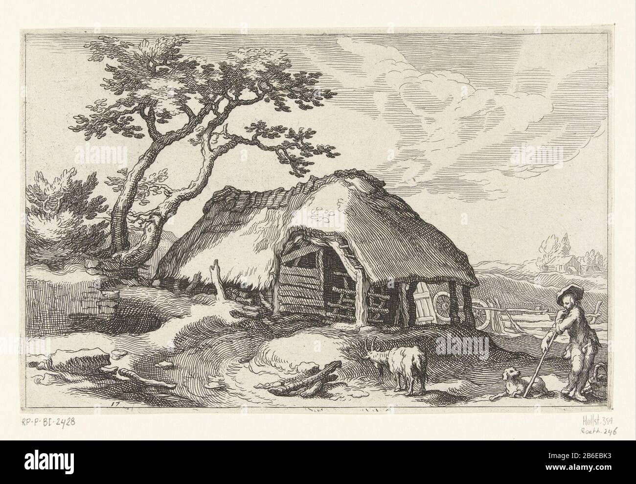 Farm and shepherd with dog and goat farms with Landscapes (series title) Farm and shepherd with dog and goat scenery with farms (series title) Property Type: print Serial number: 17 / 20Objectnummer: RP-P-BI 2428Catalogusreferentie: Hollstein Dutch 354Roethlisberger 246 Inscriptions / Brands: collector's mark, verso left, stamped: Lugt 240 Manufacturer : printmaker: Boëtius Adamsz. Bolswertnaar design: Abraham Bloemaert Place manufacture: Amsterdam Date: 1614 Physical features: etching material: paper Technique: etching Dimensions: sheet: H 153 mm × W 242 mmToelichtingPrent from series of twen Stock Photo