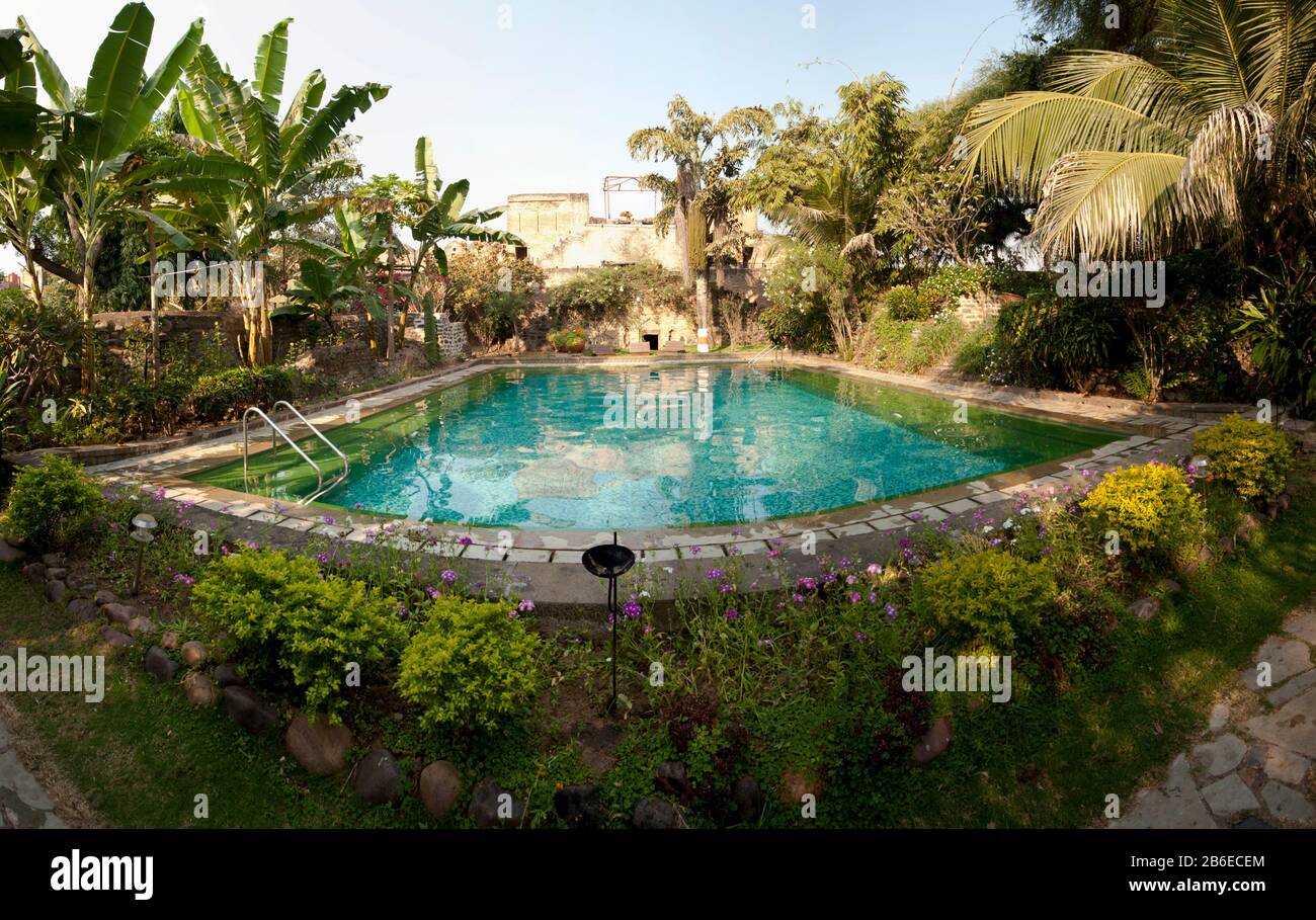 Swimming pool at the hotel of a fort, Ahilya Fort, Maheshwar, Khargone, Madhya Pradesh, India Stock Photo