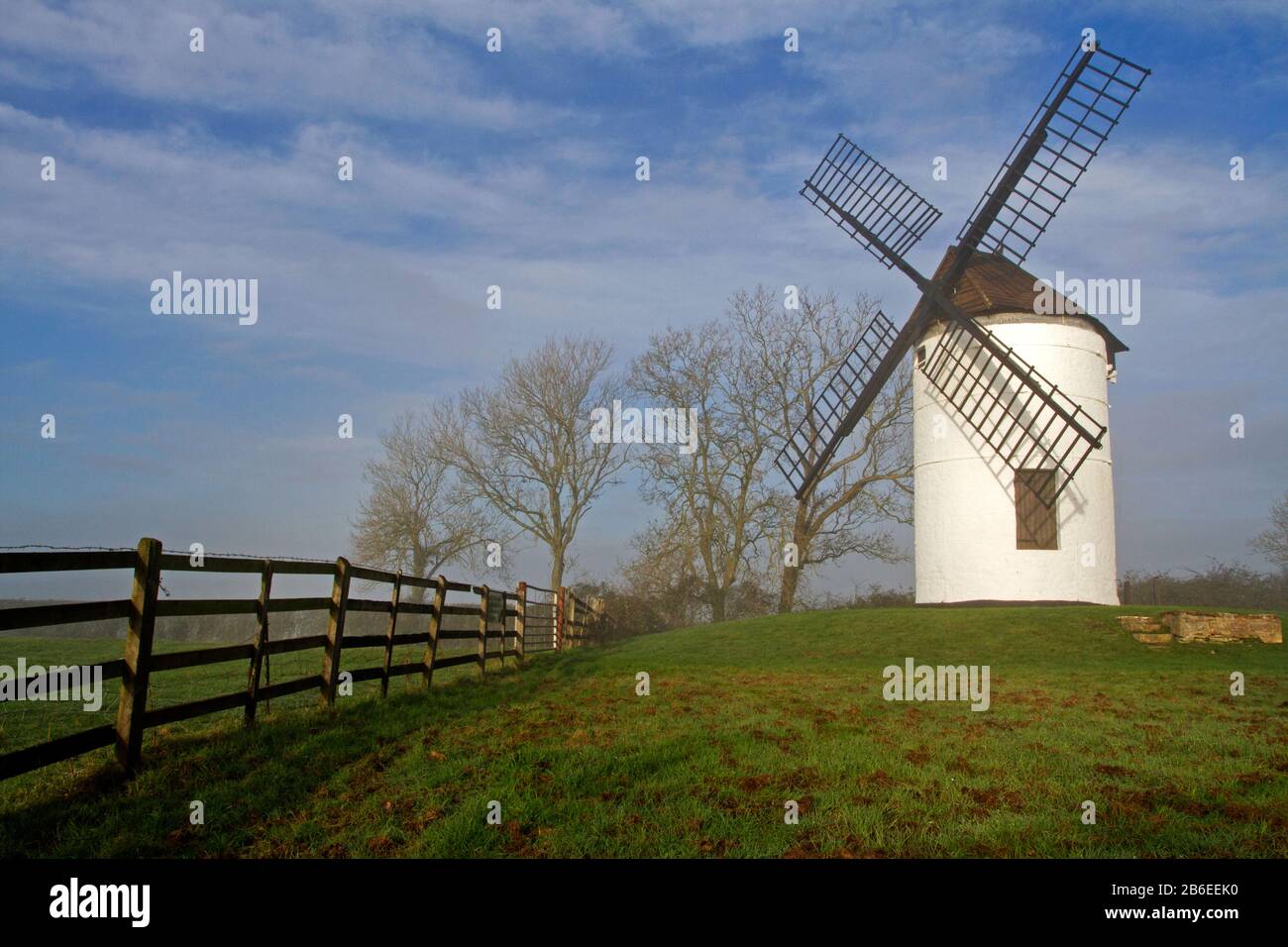 A misty winter view of Ashton windmill, a tower mill in Chapel Allerton, Somerset, England Stock Photo