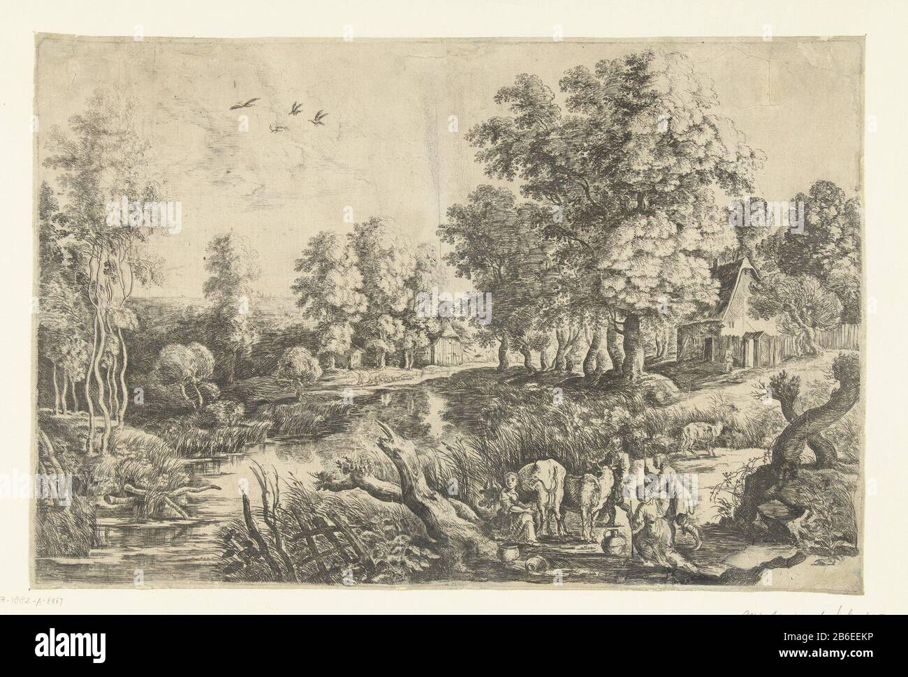 Farmers with cattle in a stream Landscape with a stream and two farms. On the bank four and three cows, Where: One milked wordt. Manufacturer : printmaker: Lucas van Uden to painting by Peter Paul Rubens Post production: Netherlands Date: 1605 - 1673 Physical features: etching material: paper Technique: etching Dimensions: plate edge: H 212 mm b × 320 mm Subject: brookmilkingfarmers Stock Photo