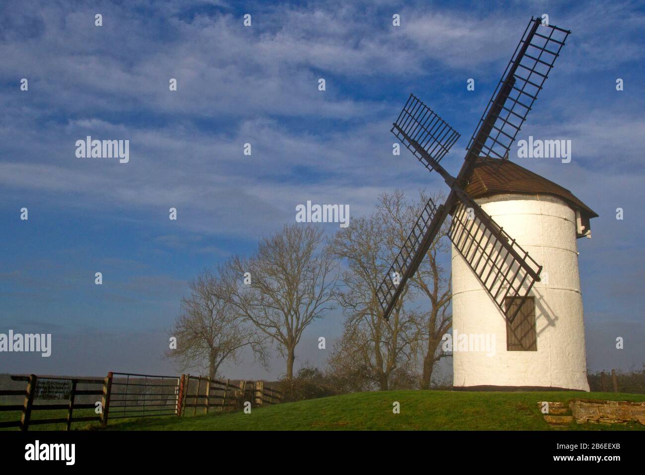 A misty winter view of Ashton windmill, a tower mill in Chapel Allerton, Somerset, England Stock Photo