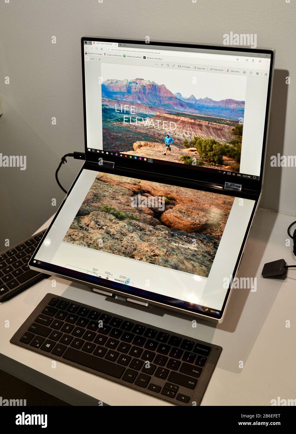 Dell Computer Concept (pre-market) Duet, a two display, folding PC with keyboard accessory, on display at Dell Experience at CES, Las Vegas, NV, USA Stock Photo