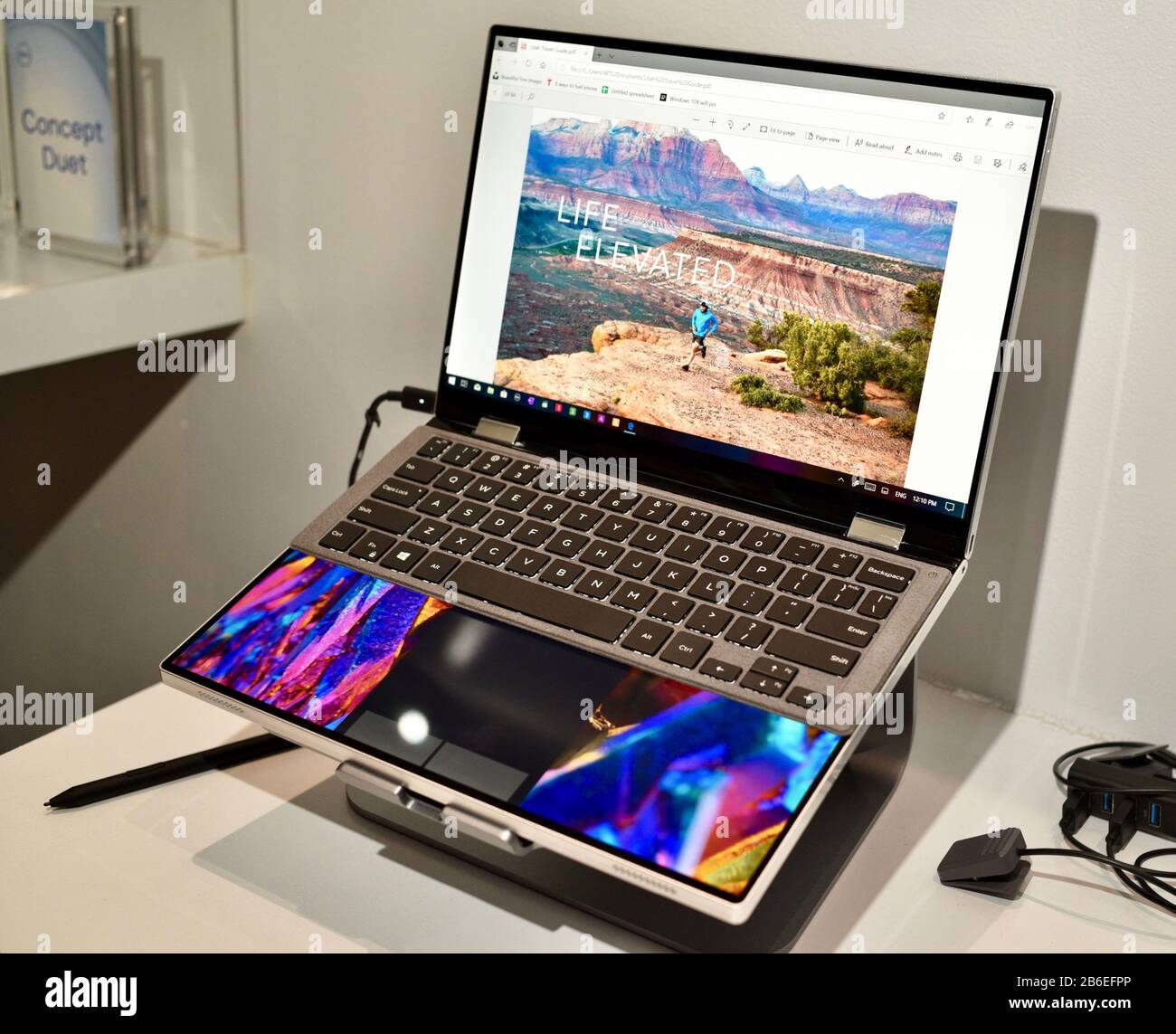 Dell Computer Concept (pre-market) Duet, a two display, folding PC with keyboard accessory, on display at Dell Experience at CES, Las Vegas, NV, USA Stock Photo