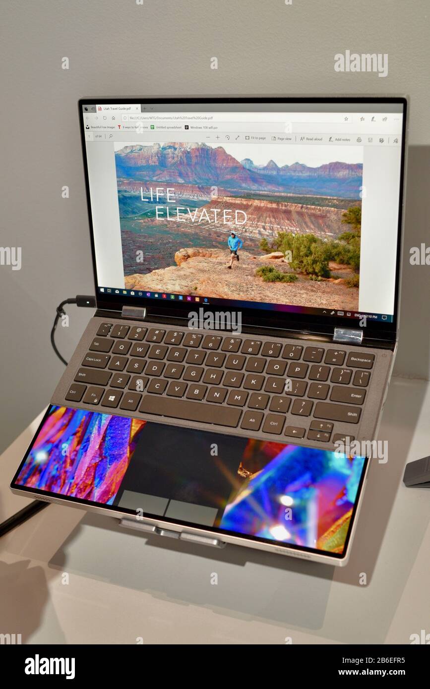 Dell Computer Concept (pre-market) Duet, a two display, folding PC with keyboard accessory, on display at Dell Experience at CES, Las Vegas, NV, USA Stock Photo