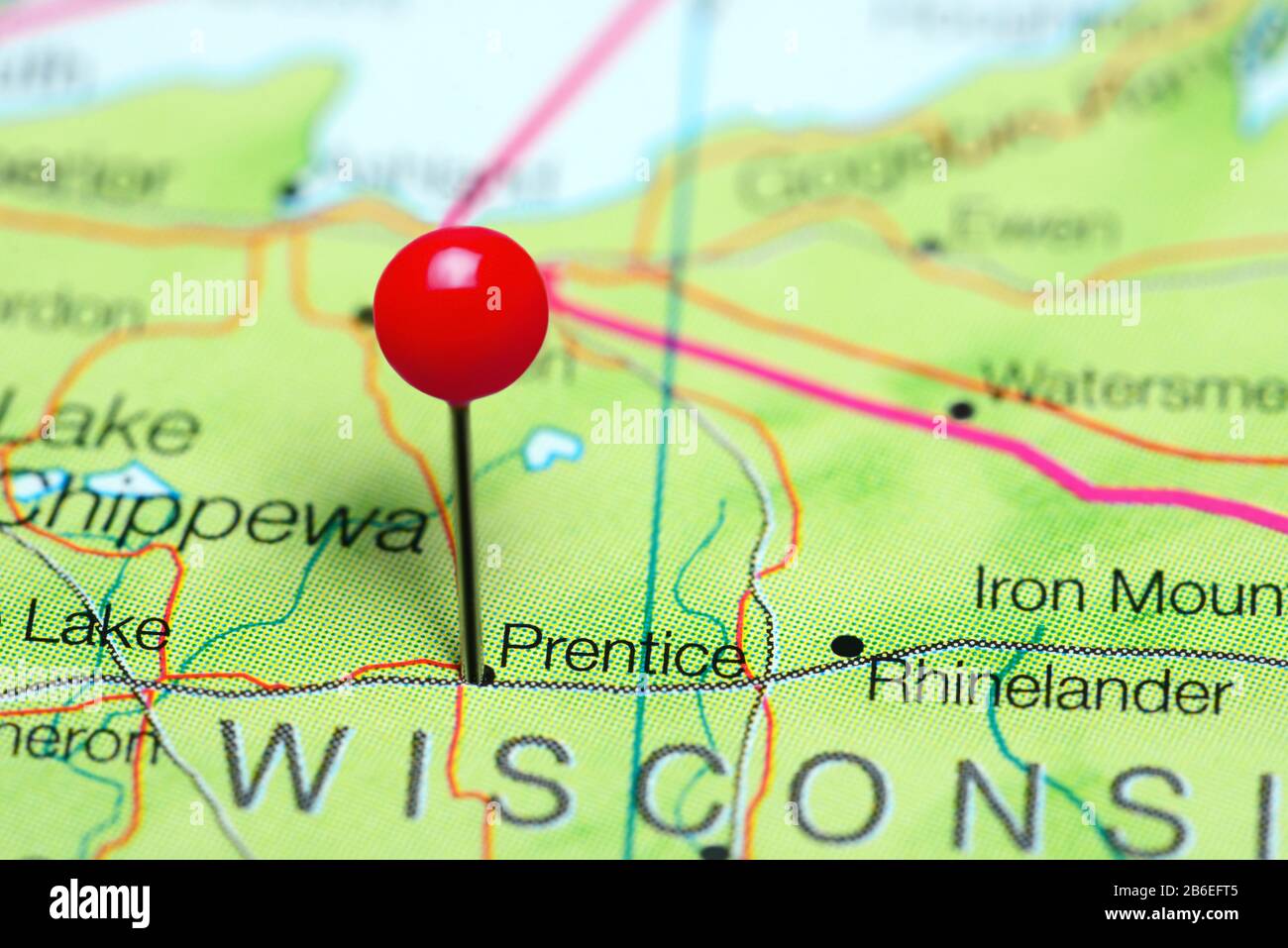 Prentice pinned on a map of Wisconsin, USA Stock Photo