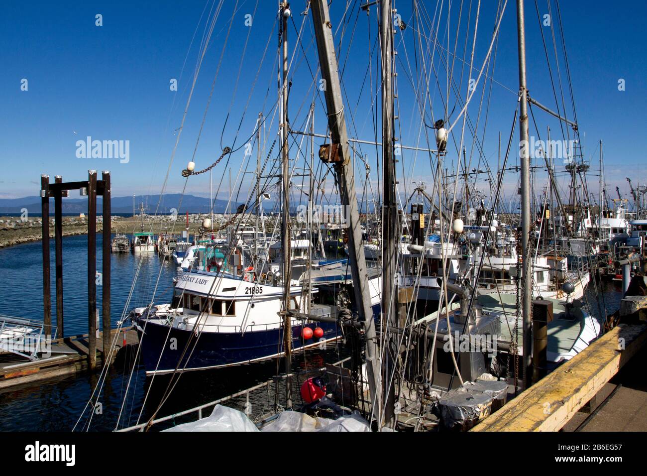 Commercial fishing vessels in French Creek Harbour, near Parksville, Vancouver Island, BC, Canada Stock Photo