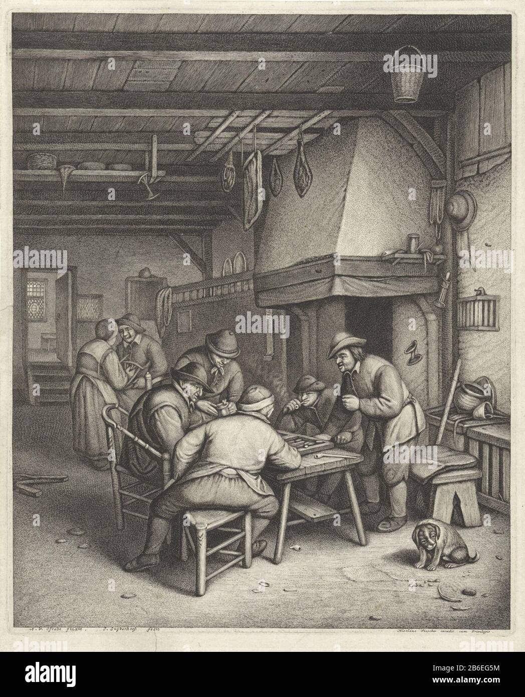 Boereninterieur with triktrakspelers Farmers play backgammon or backgammon a table with a fireplace. Right in the foreground a dog. In the background a man and a vrouw. Manufacturer : printmaker: Jonas Suyderhoef (listed property) to painting: Adriaen van Ostade (listed building) publisher: Nicolaes Visscher (I) (listed building) publisher: Nicolaes Visscher (II ) (shown on object) provider of privilege: unknown (indicated on object) Dating: ca. 1623 - 1686 Physical characteristics: engra material: paper Technique: engra (printing process) Measurements: plate edge: h 343 mm × W 280 mm Subject: Stock Photo