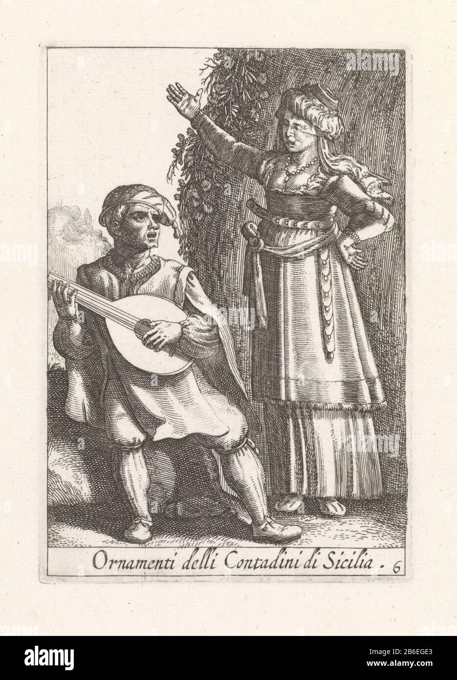 A peasant couple dressed in fashions from Sicily, Italy. The pair is in a  nutshell displayed. The seated man playing the lute, his head adorned with  a beret. He accompanies the singing