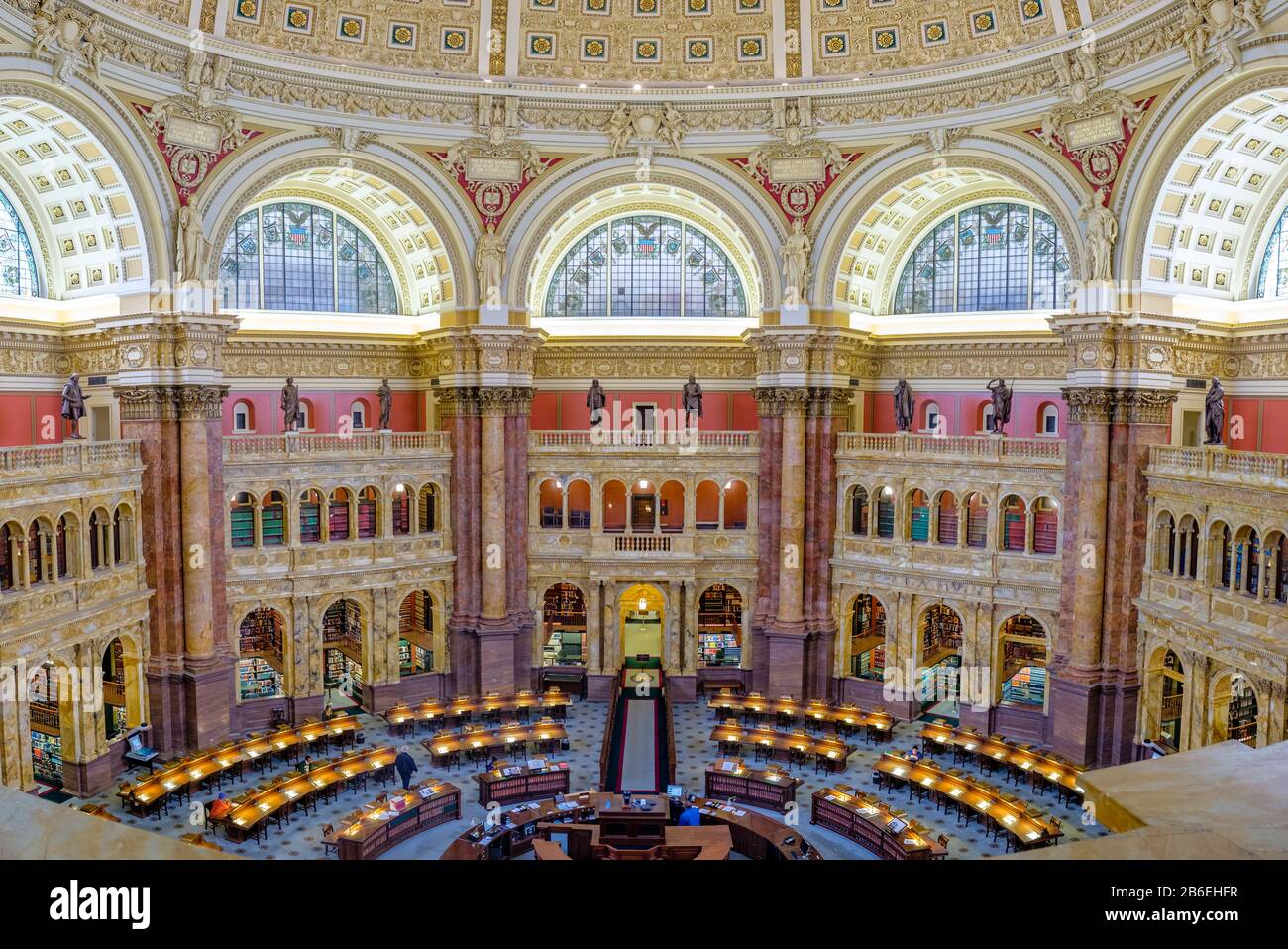 Panorama of Library of Congress main reading room, Washington, DC, USA. Stock Photo