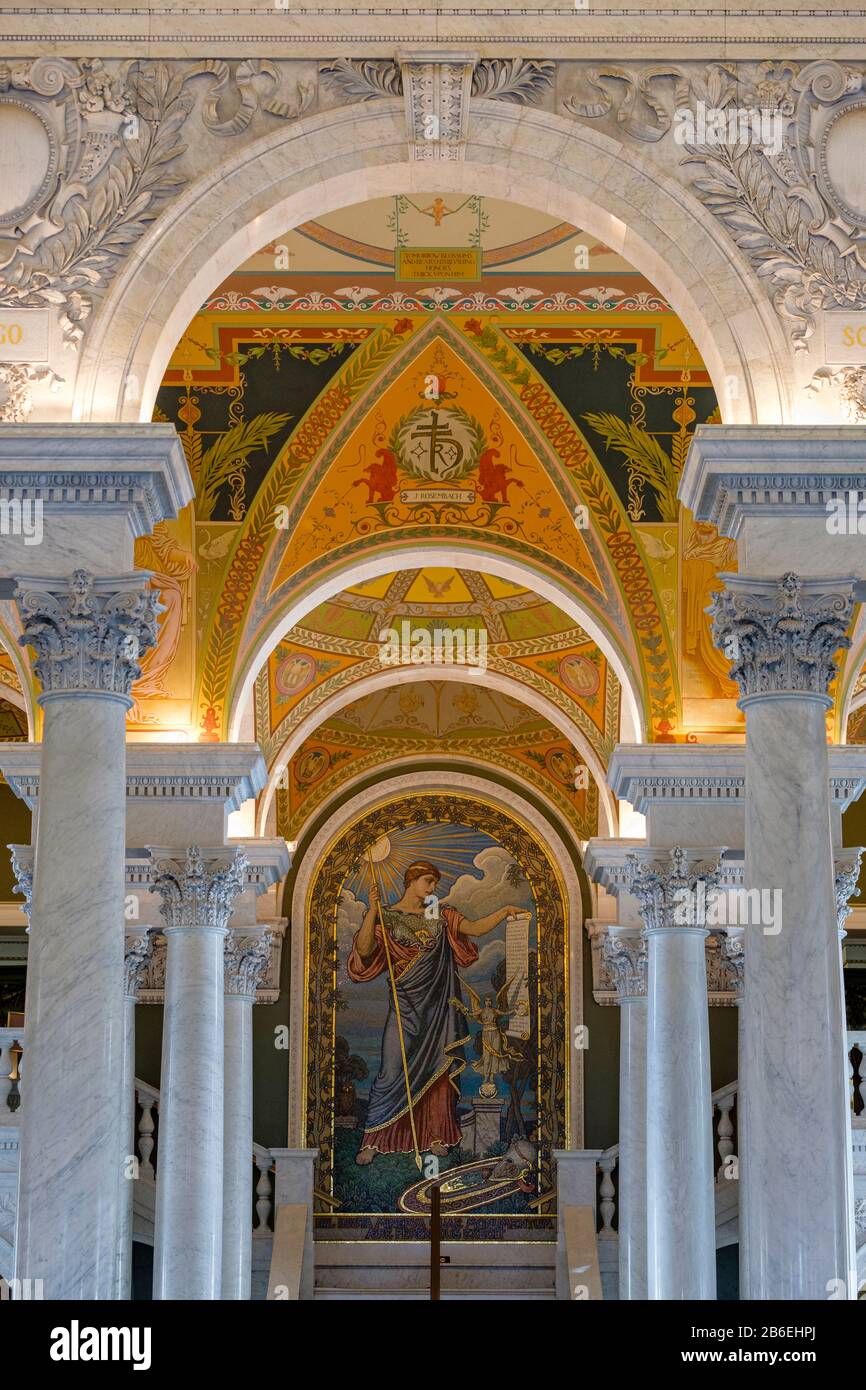 Library of Congress Great Hall, Minerva of Peace mosaic by Elihu Vedder, Washington, DC, USA. Stock Photo