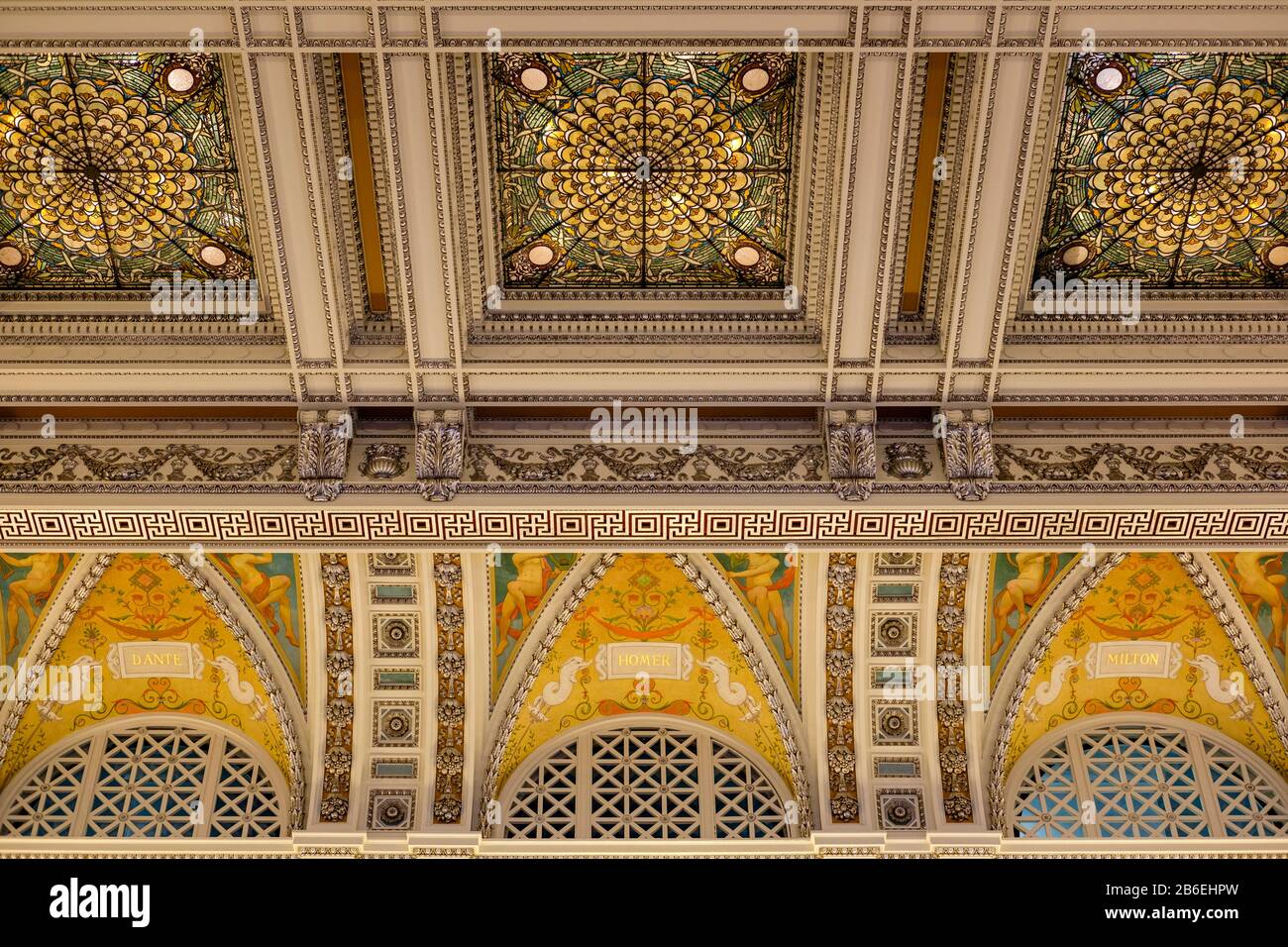 Detail of Library of Congress Great Hall ceiling, Thomas Jefferson Building, Washington, DC, USA. Stock Photo