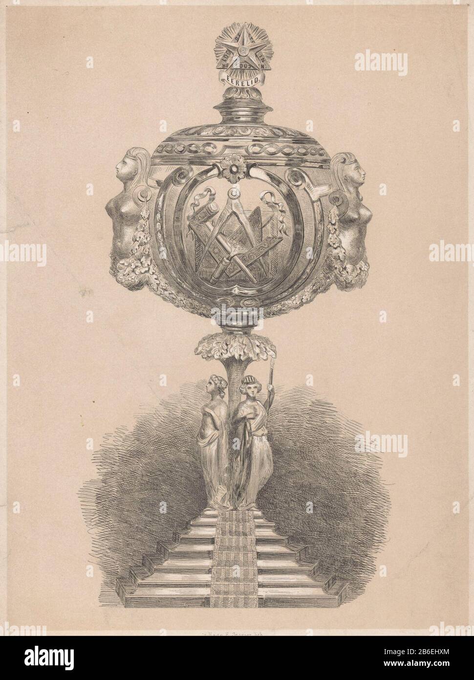 Bokaal masonic Rate Cup or trophy of the Masonic Lodge East. The jar the square, compass and trowel: signs vrijmetselarij. Manufacturer : printmaker Elias Spanier (listed property) Place manufacture: Den Haag Date: 1831 - 1863 Physical features: lithography material: paper Technique: lithography (technique) Dimensions: sheet: h 334 mm × W 243 mm Subject: mosquito, beaker, goblet Stock Photo