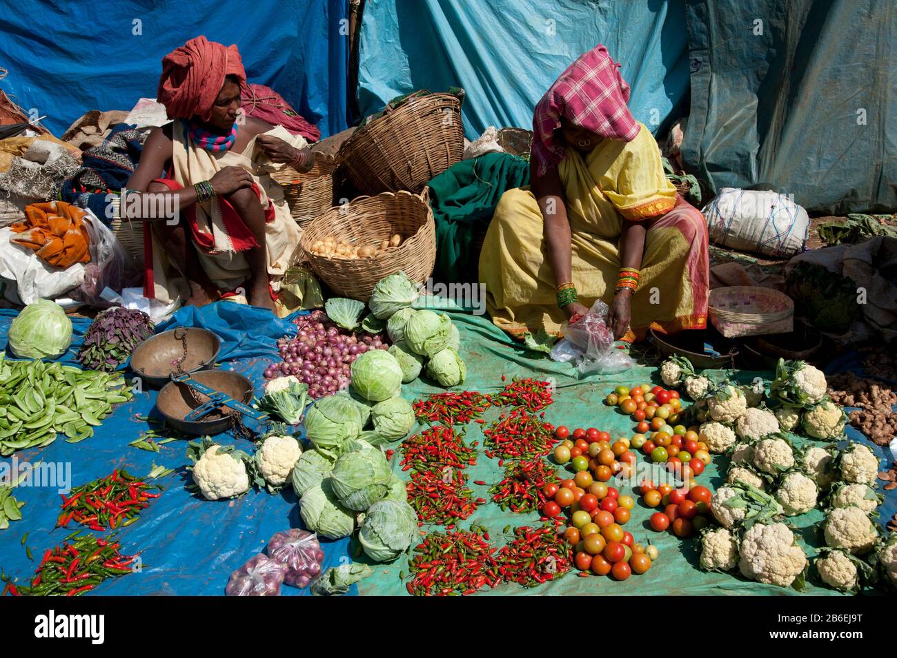 Two tribal women selling vegetables at weekly market, Kunduli, Orissa, India Stock Photo