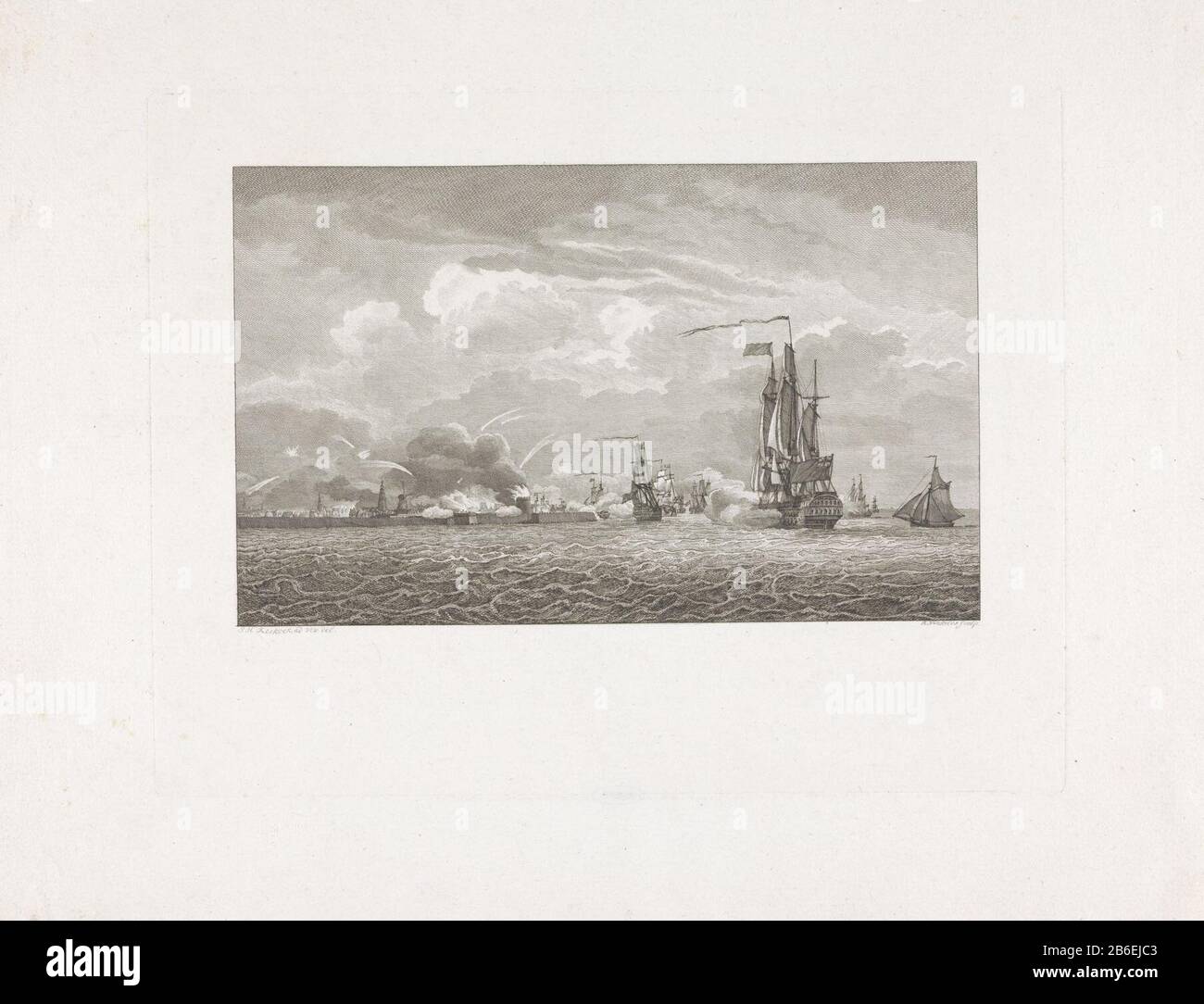 Bombardment of Flushing, 1809 the town of Vlissingen is shelled by British ships from the sea, August 13, 1809. See also pendant. Manufacturer : printmaker: Reinier Vinkeles (I) (listed building) in view of: Johannes Hermanus Koekkoek (listed property) Place manufacture: printmaker : the Netherlands in drawing: Vlissingen Date: 1809 - 1810 Physical characteristics: etching and engra, test printing before the letter material: paper Technique: etching / engra (printing process) Measurements: plate edge: h 236 mm × W 307 mmToelichtingGebruikt as illustration in: Sander van Hoek, Geschiedkundig st Stock Photo