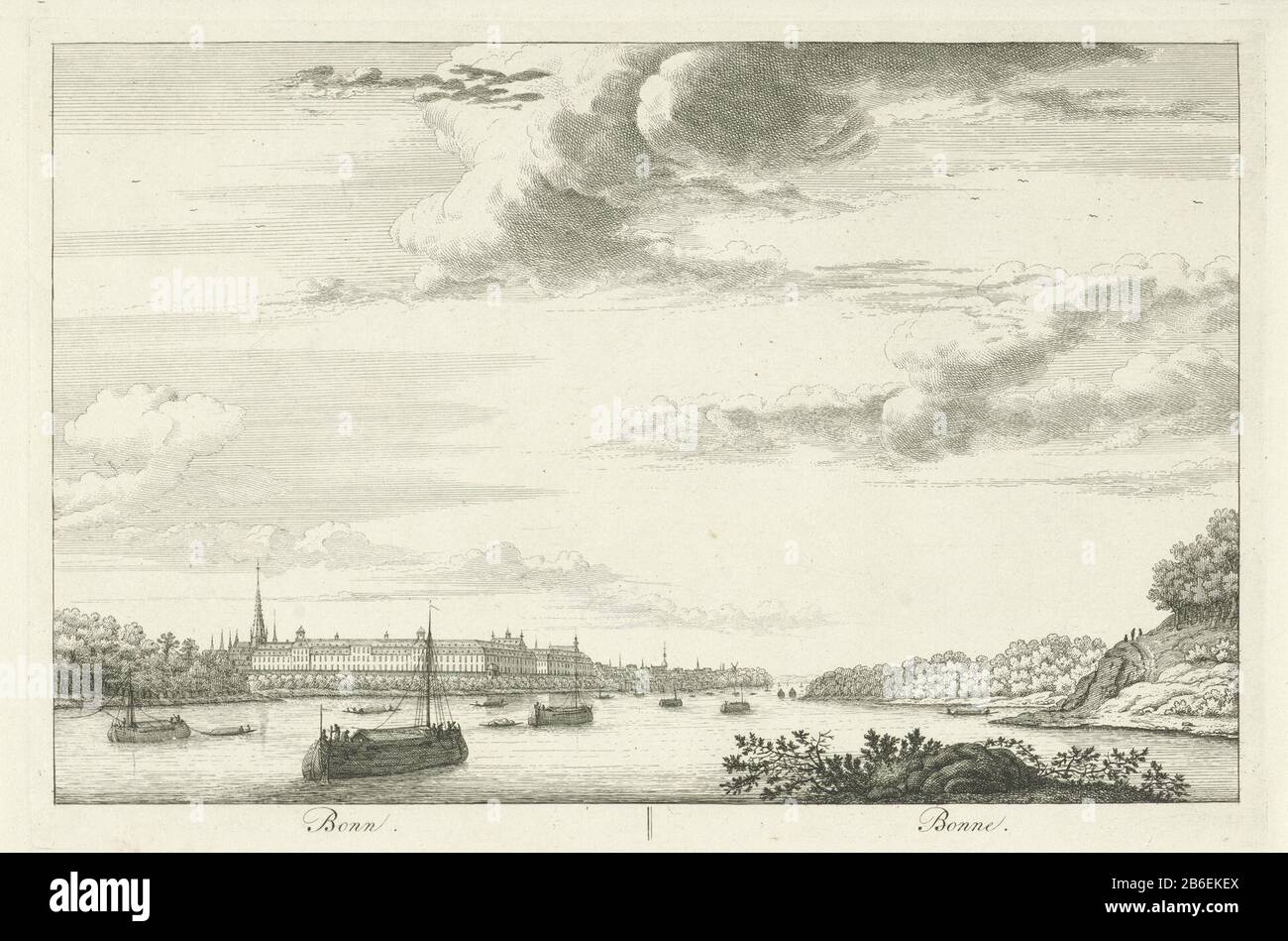 Bonn, as seen from the Rhine Bonn Bonne (title object) faces along the Rhyn (series title) view of the German city of Bonn, seen from the Rhine. The print is a part of a elfdelige series of prints with faces along the Rijn. Manufacturer : print maker: Henry the Lethnaar drawing: Cornelis Ploos van Amstel Publisher: Frederik Willem GreebePlaats manufacture: Amsterdam Date: 1767 Physical characteristics: etching material: paper Technique: etching dimensions: plate edge: h 228 mm × W 343 mm Subject: river prospect of city, town panorama, silhouette of city internships (in general) Where: Bonn Rhi Stock Photo