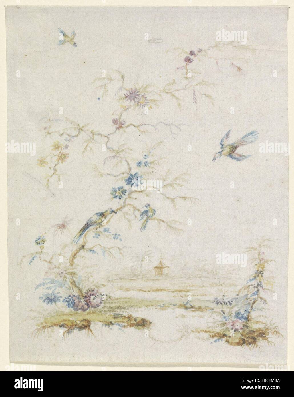Tree with birds Chinoiserie. A landscape with a flowering tree and vogels. Manufacturer : artist: anonymous Date: 1600 - 1800 Physical features: brush color material: paper watercolor technique: Brush size: sheet: H 154 mm × W 120 mm Subject: tree bird Stock Photo