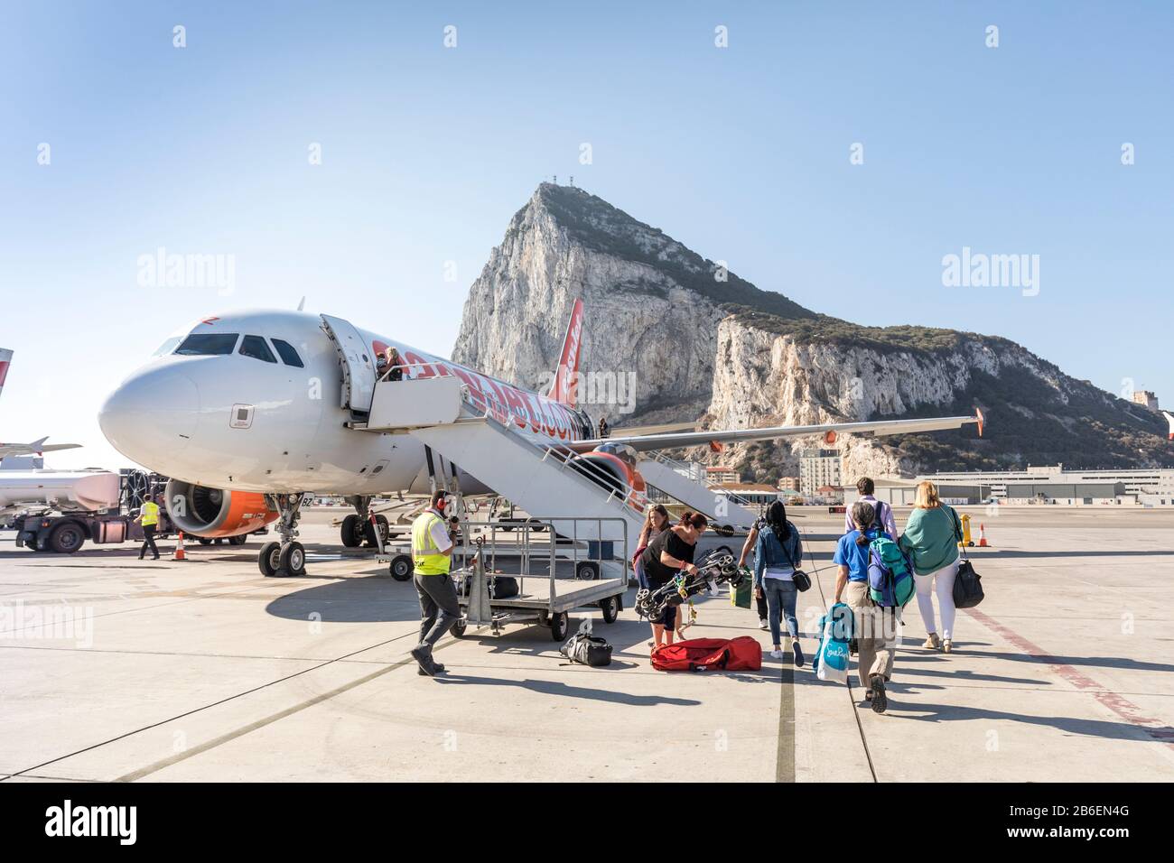 Passengers boarding an Easyjet plane at Gibraltar Stock Photo