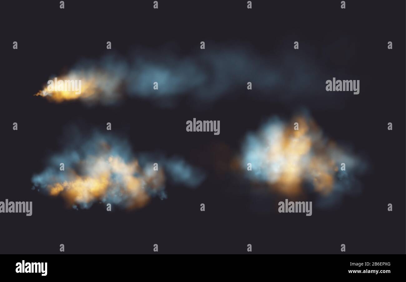 Set Realistic smoke and fire shapes on a black background. Vector illustration Stock Vector