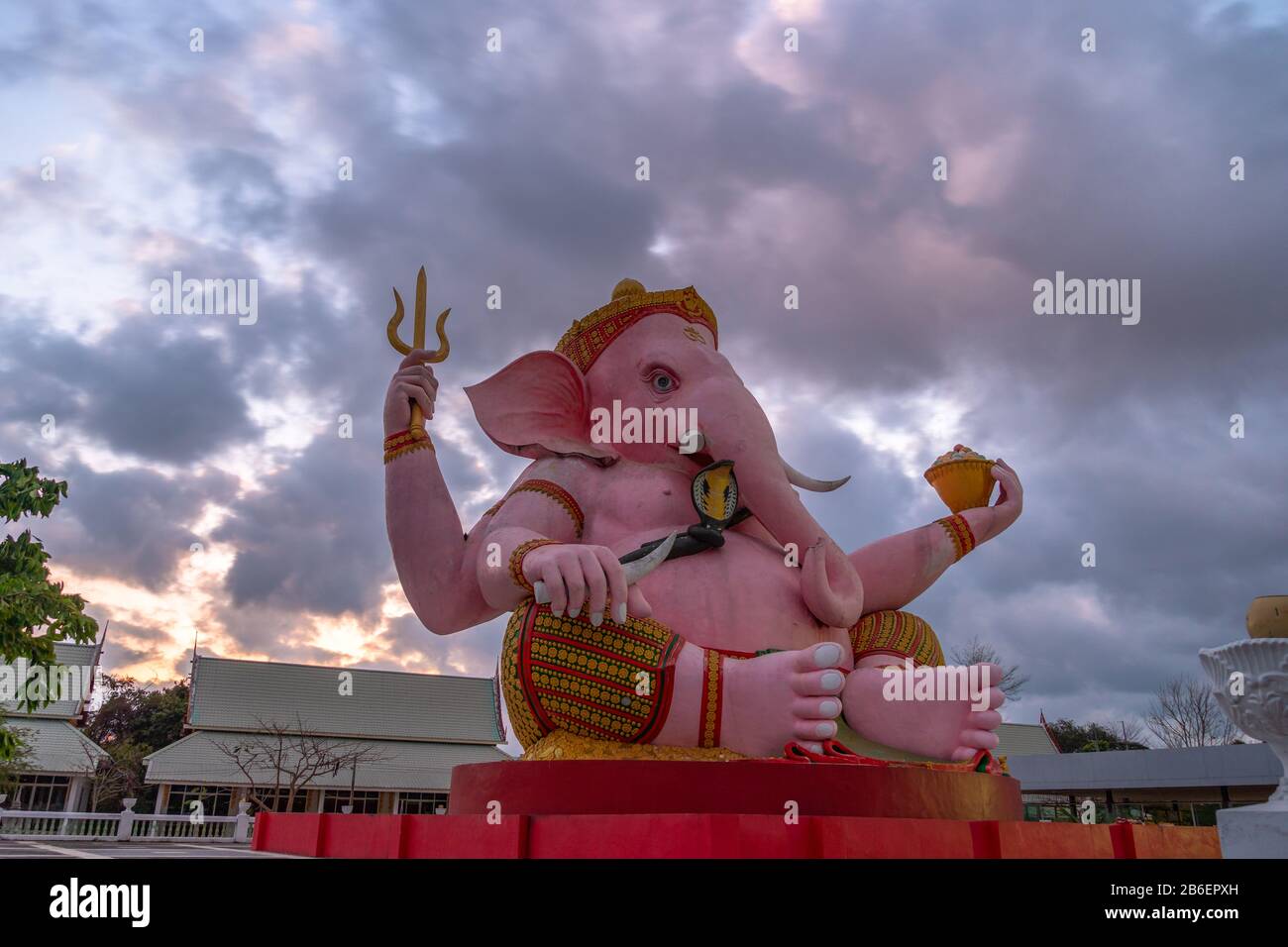 sunrise at the Ganesha statue lord of success in Makha Bucha Buddhist memorial park at Nakornnayok province. Stock Photo