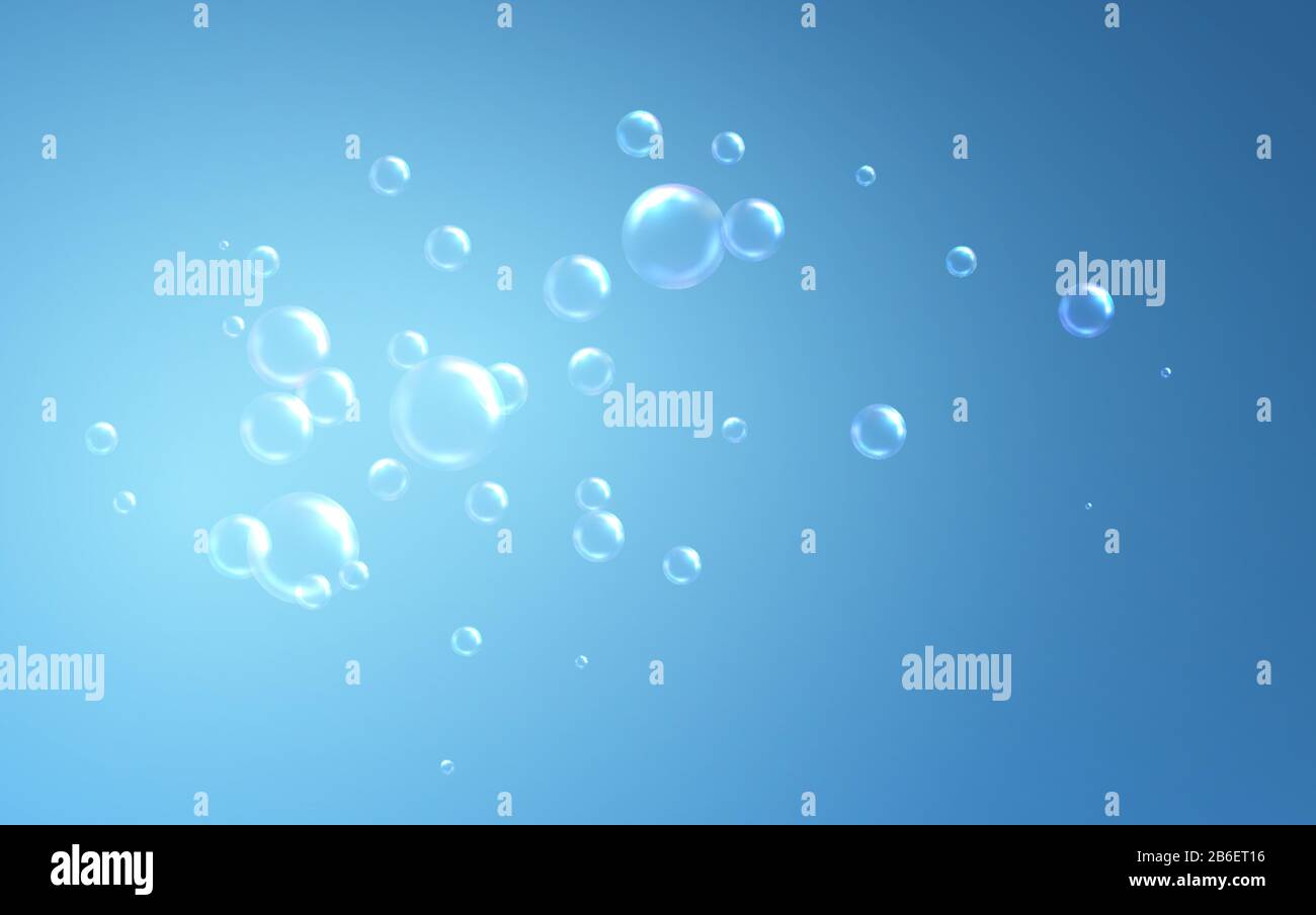 Realistic soap bubbles on blue background. Vector illustration Stock ...
