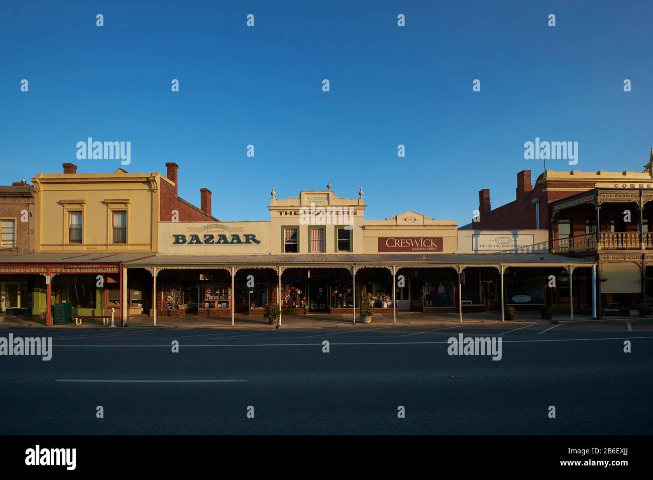 One of the main, commercial streets with Olde Time looking storefronts. In Beechworth, Victoria, Australia. Stock Photo