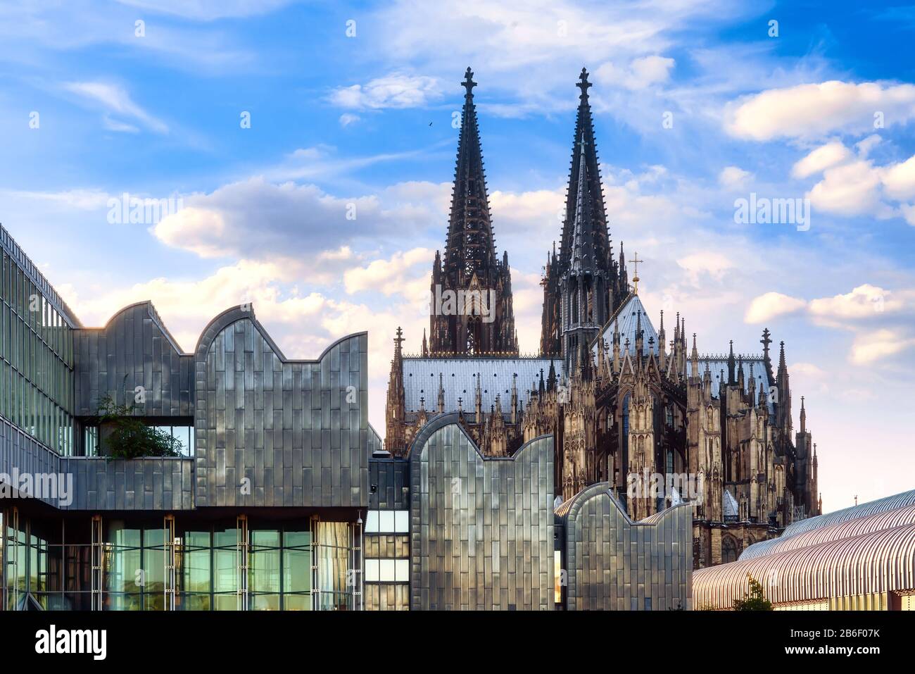 Modern philharmonic concert hall building with cathedral in background, Cologne, Germany Stock Photo