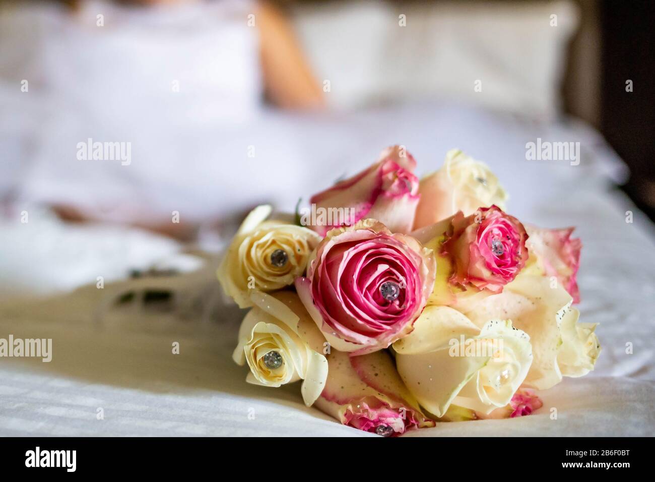 Beautiful bridal wedding bouquet isolated on the bed with nobody close up Stock Photo