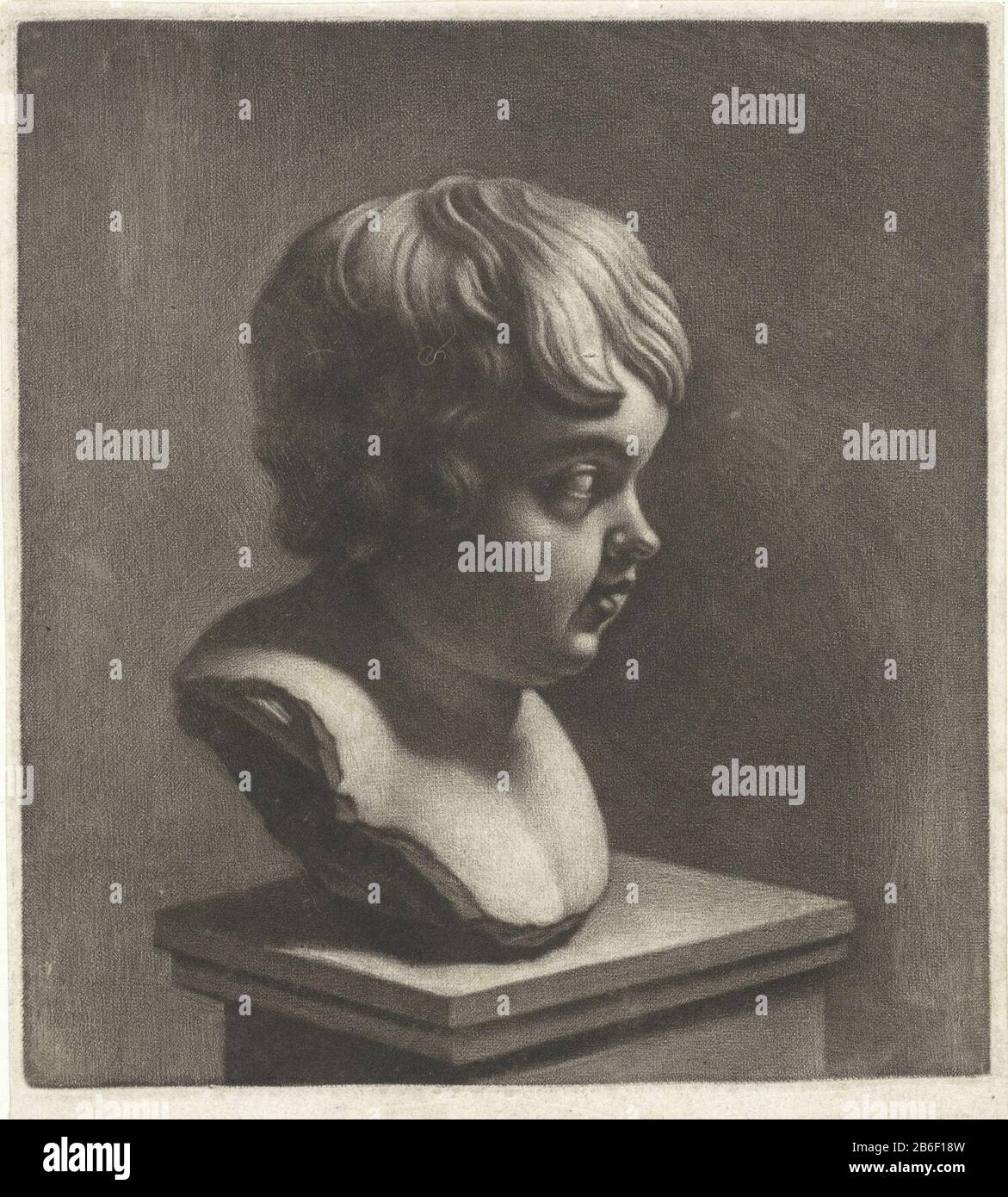 Bust of a child, right Bust of a child, to the right object type: picture Item number: RP-P-1911-68Catalogusreferentie: Hollstein Dutch 159-1 (2) Markings / Brands: collector's mark, verso, stamped: Lugt 2228 Manufacturer : printmaker: Wallerant Vaillant to view: François Du Quesnoy Dating: 1658 - 1677 Physical features: mezzotint material: paper Technique: mezzotint dimensions: plate edge: h 148 mm × W 120 mm Subject: child sculpture Stock Photo