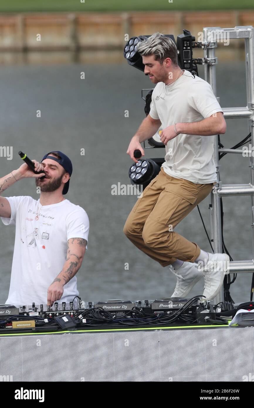 Ponte Vedra Beach, FL, USA. 10th Mar, 2020. Alex Pall and Andrew Taggert of The Chainsmokers perform at Military Appreciation Day Ceremony during THE PLAYERS Championship on March 10, 2020 at Ponte Vedra Beach, Florida. Credit: Mpi34/Media Punch/Alamy Live News Stock Photo