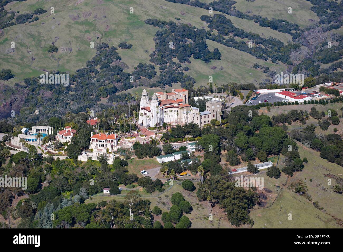 Aerial view of a castle on a hill, Hearst Castle, San Simeon, San Luis Obispo County, California, USA Stock Photo