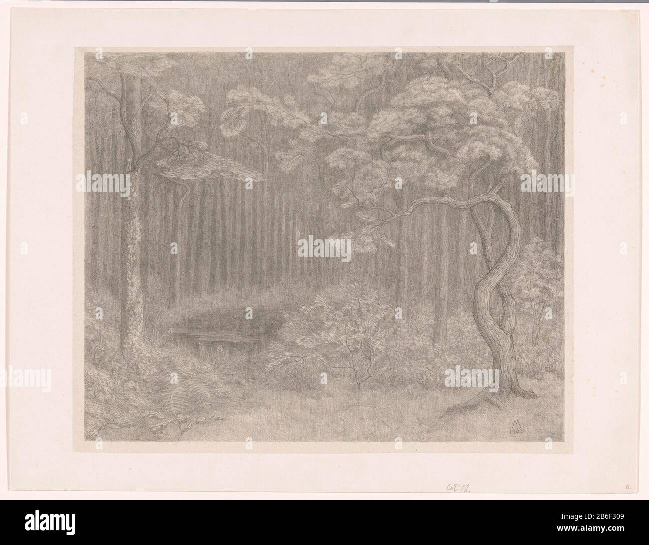 Forest scene Between the trees is a poel. Manufacturer : printmaker Simon Moulijn (listed building) Dating : 1900 Material: paper chine collé technique: lithography (technique) Dimensions: image: h 333 mm × W 410 mmblad: h 395 mm × W 512 mm Subject: forest, wood pound pole Stock Photo