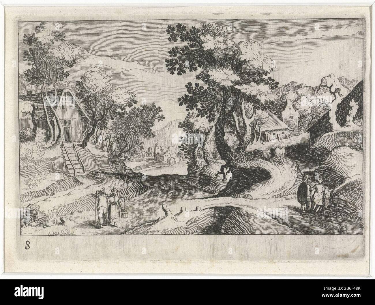 Wooded hills with buildings and figures South European landscapes (series title) Topographia Variarum Regionum (series title) left in the foreground a man leaning on a pitchfork beside a milkmaid. Right two people on a pad. Manufacturer : printmaker Simon Frisiusnaar design: Matthijs Bril Publisher: Hendrick Hondius (I) provider of privilege unknown place manufacture: printmaker: Northern Netherlands Publisher: The Hague Date: 1611 Physical features: etching material: paper Technique: etching Dimensions: plate edge: h 108 mm × W 153 mm Subject: city-view, and landscape with man-made constructi Stock Photo