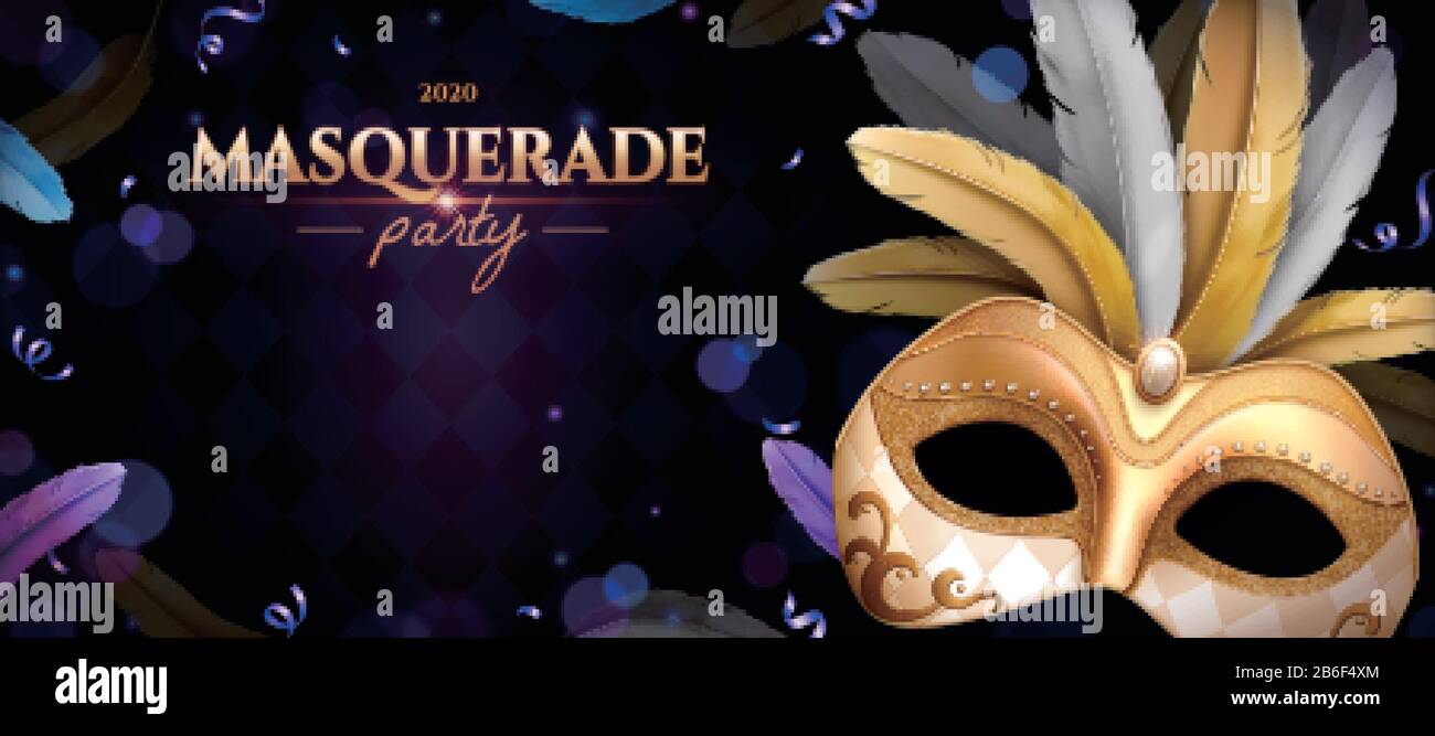 Gold masquerade mask with feathes for party night on bokeh purple
