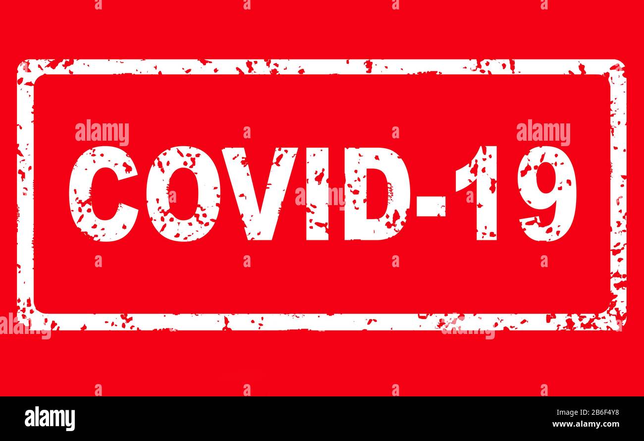COVID-19 coronavirus stamp banner isolated on red background. Novel corona virus outbreak in China, the spread of infection in the World. COVID-19 dan Stock Photo