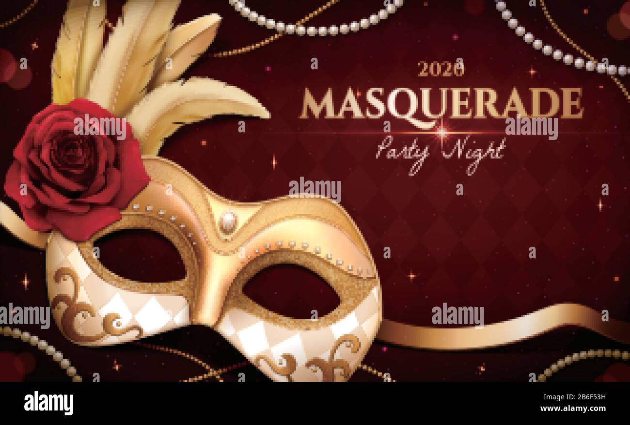 Gold masquerade mask with feather and roses for party night on burgundy red background, 3d illustration Stock Vector
