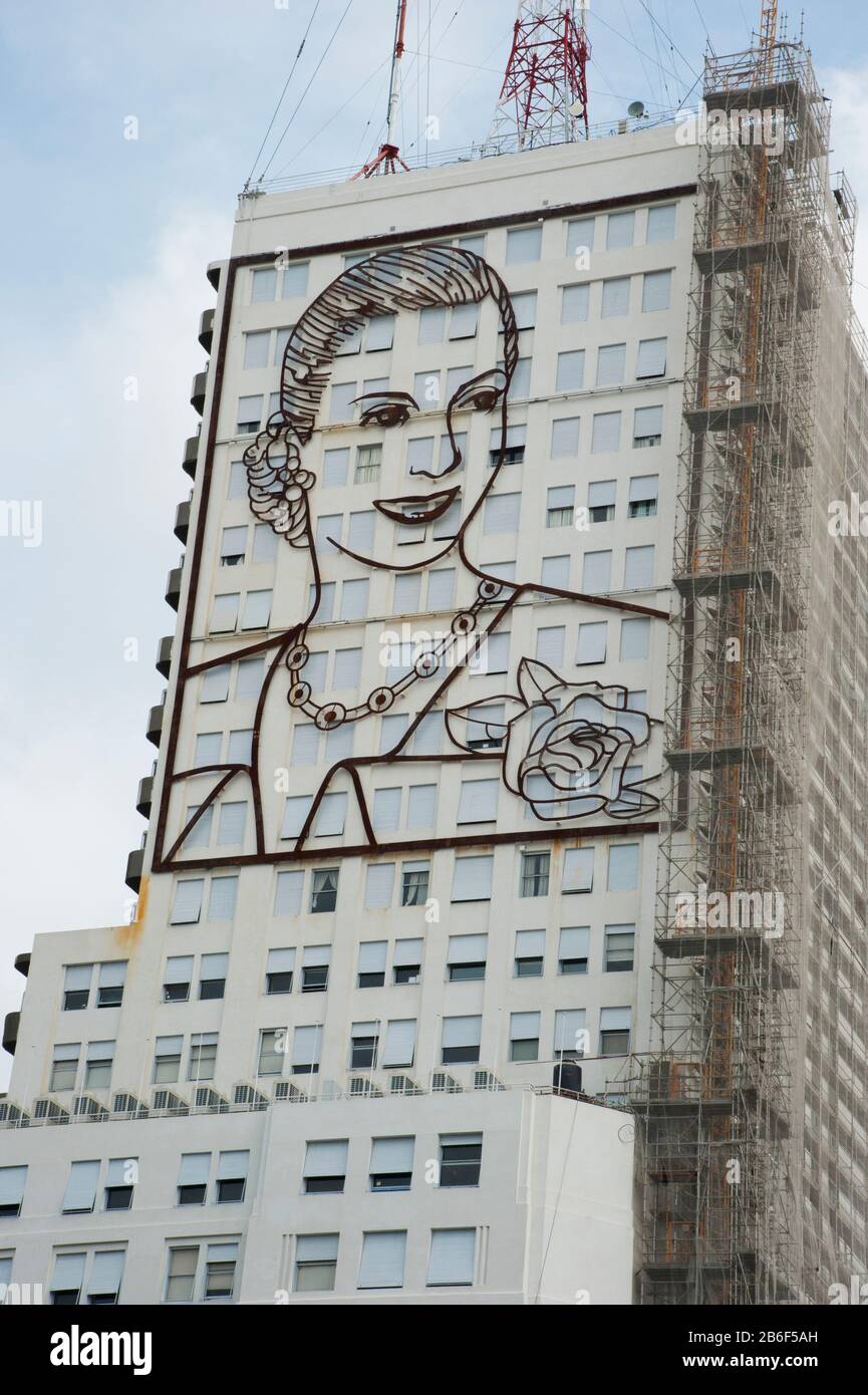 Eva Peron sculpture on south side of Health ministry building, Avenue 9 de Julio, Buenos Aires, Argentina Stock Photo