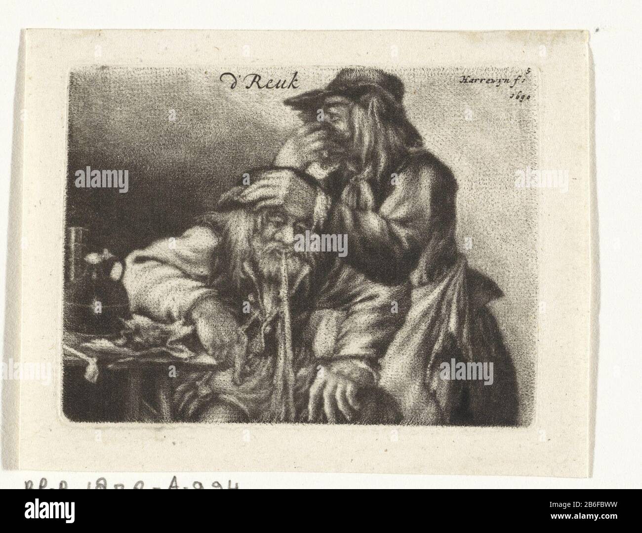Vomiting man d'Odor (title object) The five senses (series title) The Smell. A man gives over while a second man's hand is placed on his head and his nose pinching. On the table next to them, a pipe and a wine jug. The print is a part of a series of five prints with the five zintuigen. Manufacturer : print maker: Jacobus Harrewijn Place manufacture: Southern Netherlands Date: 1690 Physical characteristics: mezz hue and engra technique: engra (printing process) / mezzotint dimensions: plate edge: h 57 mm × b 74 mm Subject : smell, smelling (one of the five senses) vomitingholding one's nose clo Stock Photo