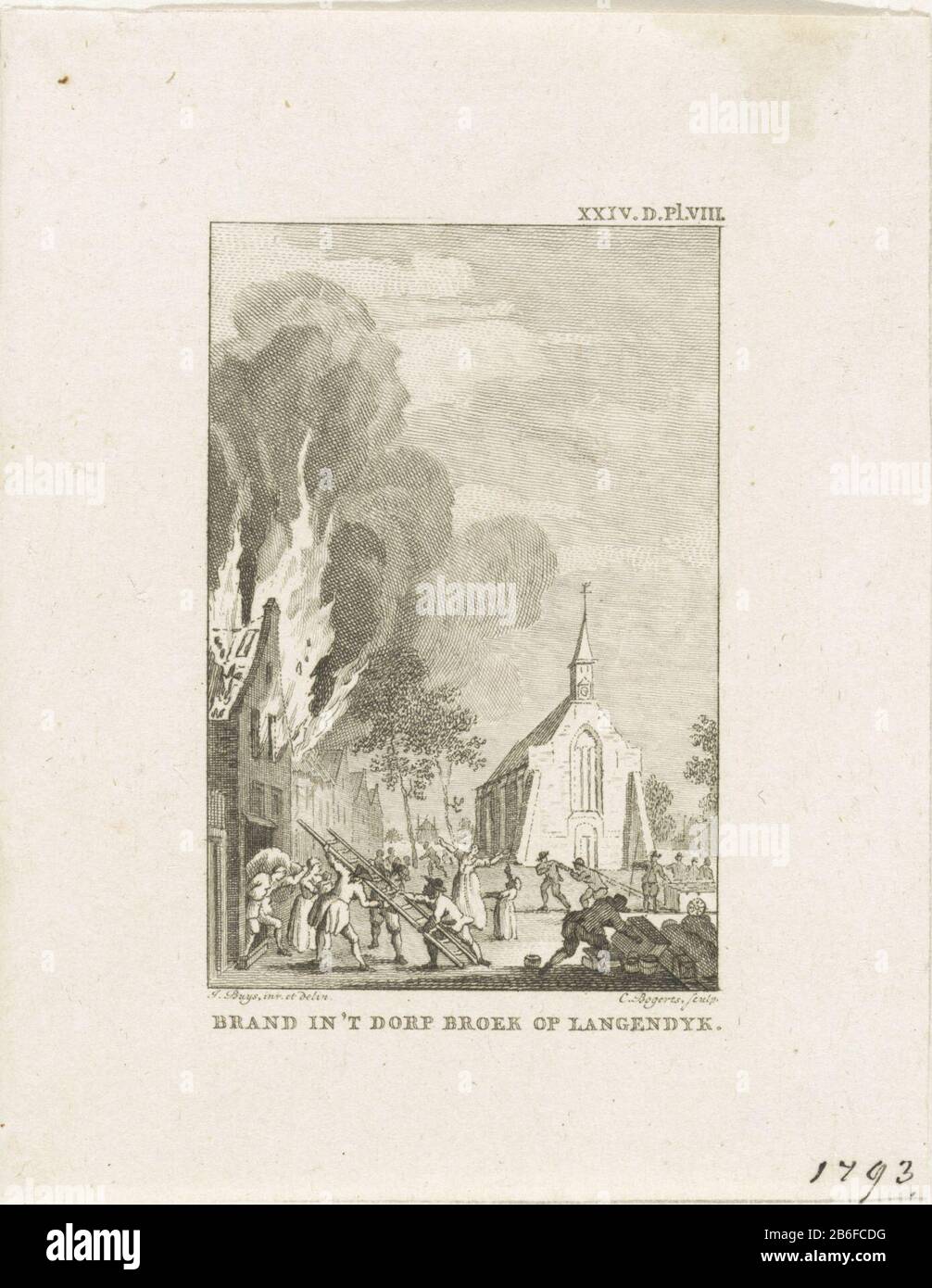 Fire in Broek op Langedijk, 1793 fire in the village Broek Langendyk (title  object) Fire in Broek op Langedijk, april 11, 1793. Signed right: XXIV.D.Pl.VIII.  Manufacturer : printmaker Cornelis Bogerts (listed building)