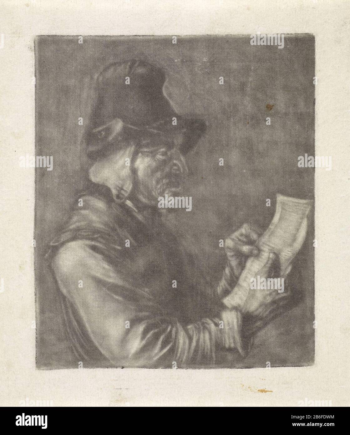 Letter Reading man An old man reading a letter. He wears a hat. Right an  opened window, in the frame of it is a bierkruik. Manufacturer : print  maker: anonymously to print