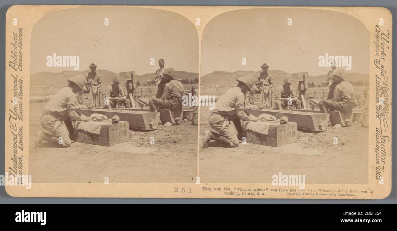 British soldiers who were doing their camp at De Aar They wish Mrs. Tommy Atkins was there just now - the Warwicks doing their Own washing, De Aar, SA (title object) British soldiers who were doing their camp at the AarThey wishlist Mrs. Tommy Atkins was there just now - the Warwicks doing their Own washing, De Aar, S.A. (Title object) Property Type: Stereo picture Item number: RP-F F09145 Inscriptions / Brands: name, recto, printed: 'Works and Sculpture Studios Sun trade mark Arlington NJ Littleton NH DC'nummer Washington, recto, printed: '251' Manufacturer : Photographer: Underwood and Under Stock Photo
