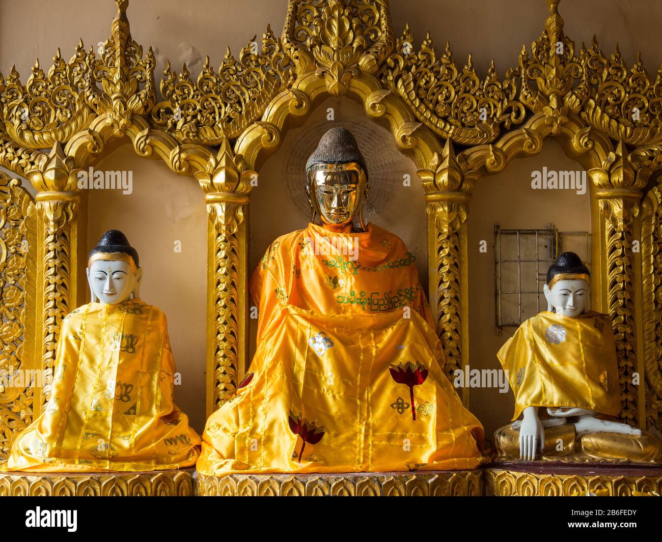 Buddha statues, Shwedagon Pagoda, Yangon, Myanmar Stock Photo