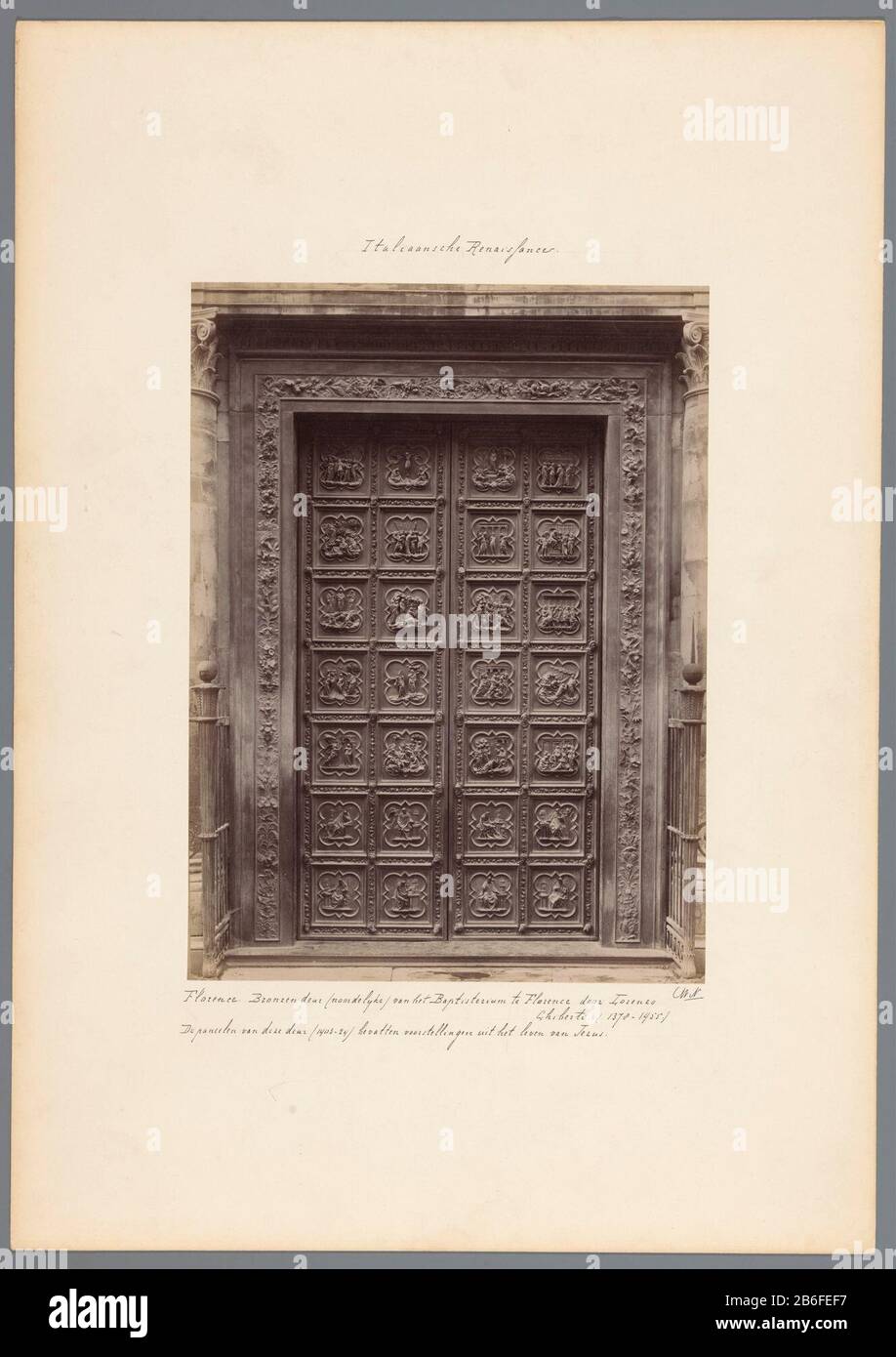 Bronze door of the Baptisterium, Florence, Florence Bronze door (northern) of the Baptisterium Florence by Lorenzo Ghiberti, (1378-1455) (title object) bronze door of the Baptistery in Florence. Bronze door (north) of the Baptistery in Florence by Lorenzo Ghiberti (1378-1455.) (Title object) Property Type: photographs Item number: RP-F 00-4348 Inscriptions / Brands: inscription, recto handwritten 'CWN.' inscription recto handwritten 'Italiaansche Renaissance.' collector's mark , verso, stamped' Quellinusschool Frans Halsstraat 14.' collector's mark , verso, stamped 'INSTITUTE FOR ART EDUCATION Stock Photo