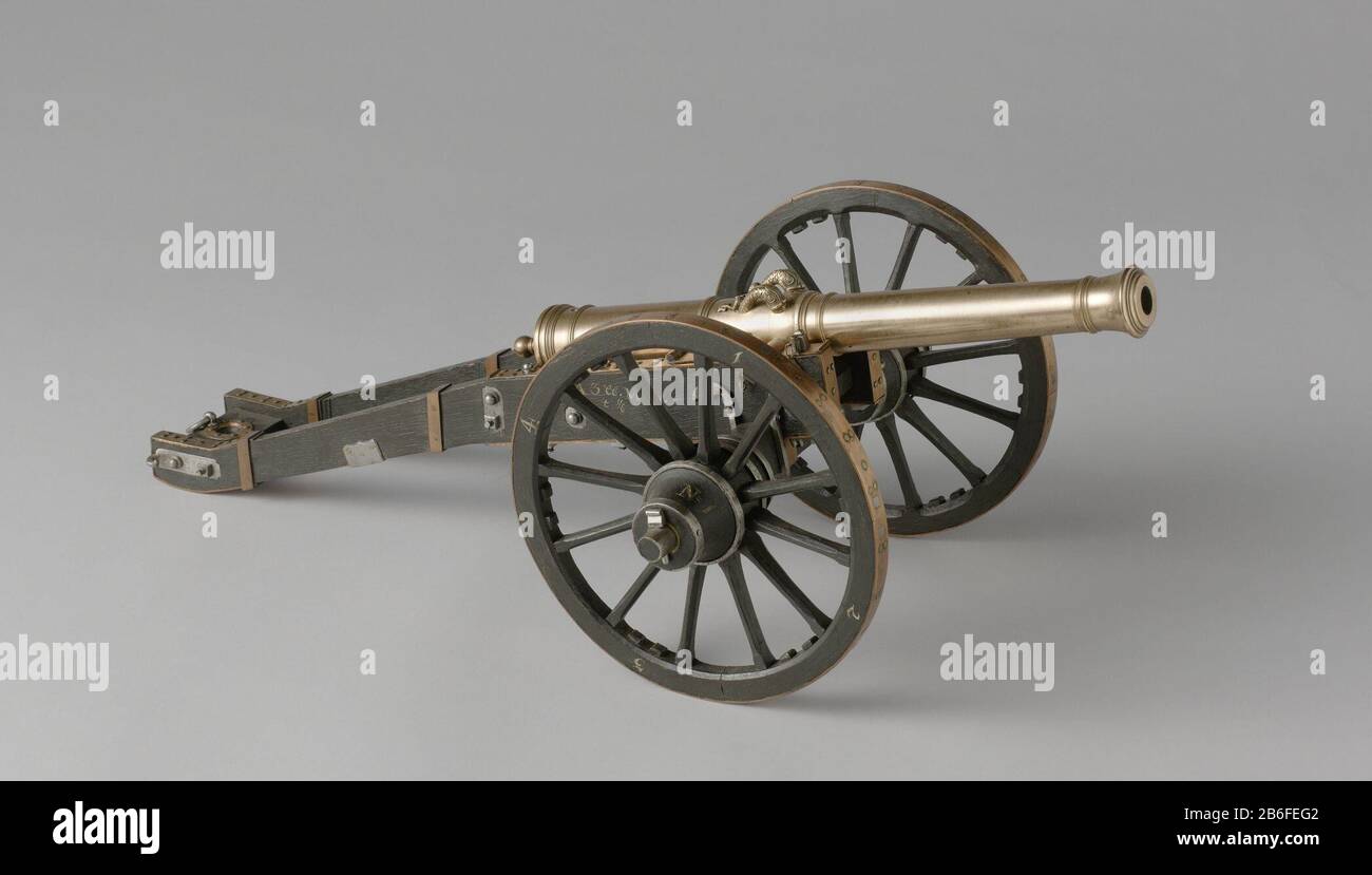 Bronze model of a long-6-pounder on gun carriage Bronzen model van een lange 6-ponder op affuit. Op de linker- en rechterwang gemerkt A 3 lb. M.L. en 't 1/6. Het laadgereedschap en de richtmiddelen ontbreken. Material: brons  Dimensions: geheel: l 64 cm.  × b 33 cm.  × h 21 cm. Stock Photo