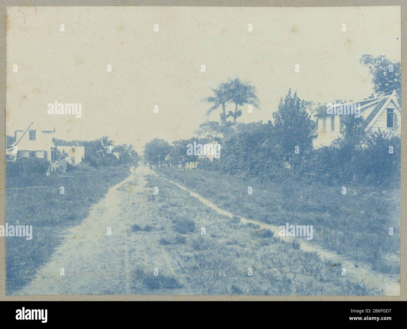 In the outskirts of Paramaribo (title object) View of a road through the outskirts of Paramaribo. Part of the album Souvenir de Voyage (Part 2), about the life of the Doijer family in and around the plantation Ma Retraite in Suriname during the years 1906-1913. Manufacturer : Photographer: Hendrik Doijer (attributed to) Place manufacture: Suriname Date: 1906 - 1913 Physical features: cyanotypie Material: paper Technique: cyanotypie Dimensions: photo: h 81 mm × W 111 mm Date: 1906 - 1913 Stock Photo
